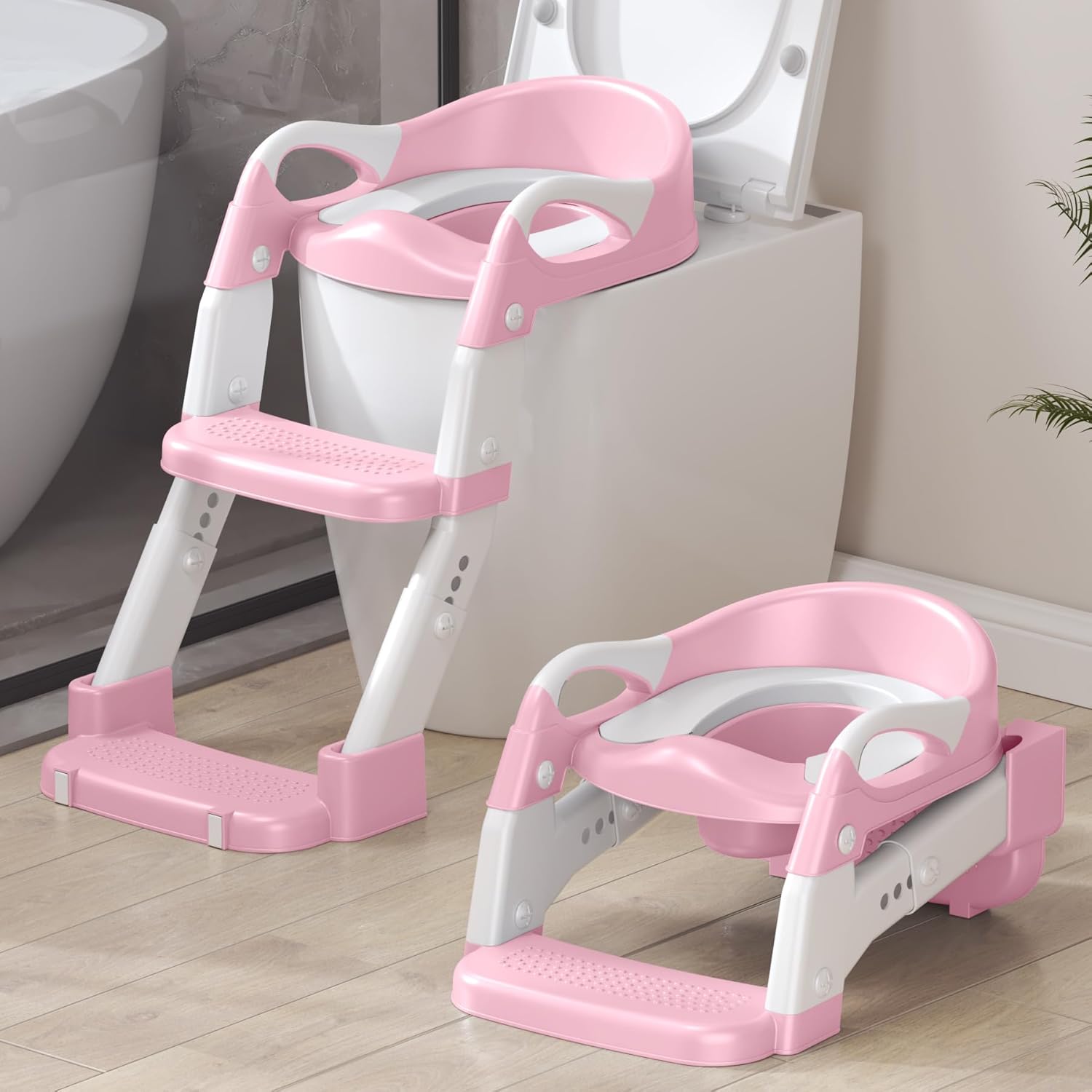 2-in-1 Toddler Potty Training Toilet Seat with Step Stool Ladder – Adjustable Height Potty Chair Urinal for Baby Boys Girls Age 1-3, Foldable Training Potty with Splash Guard & Anti-Slip Feet (Pink)