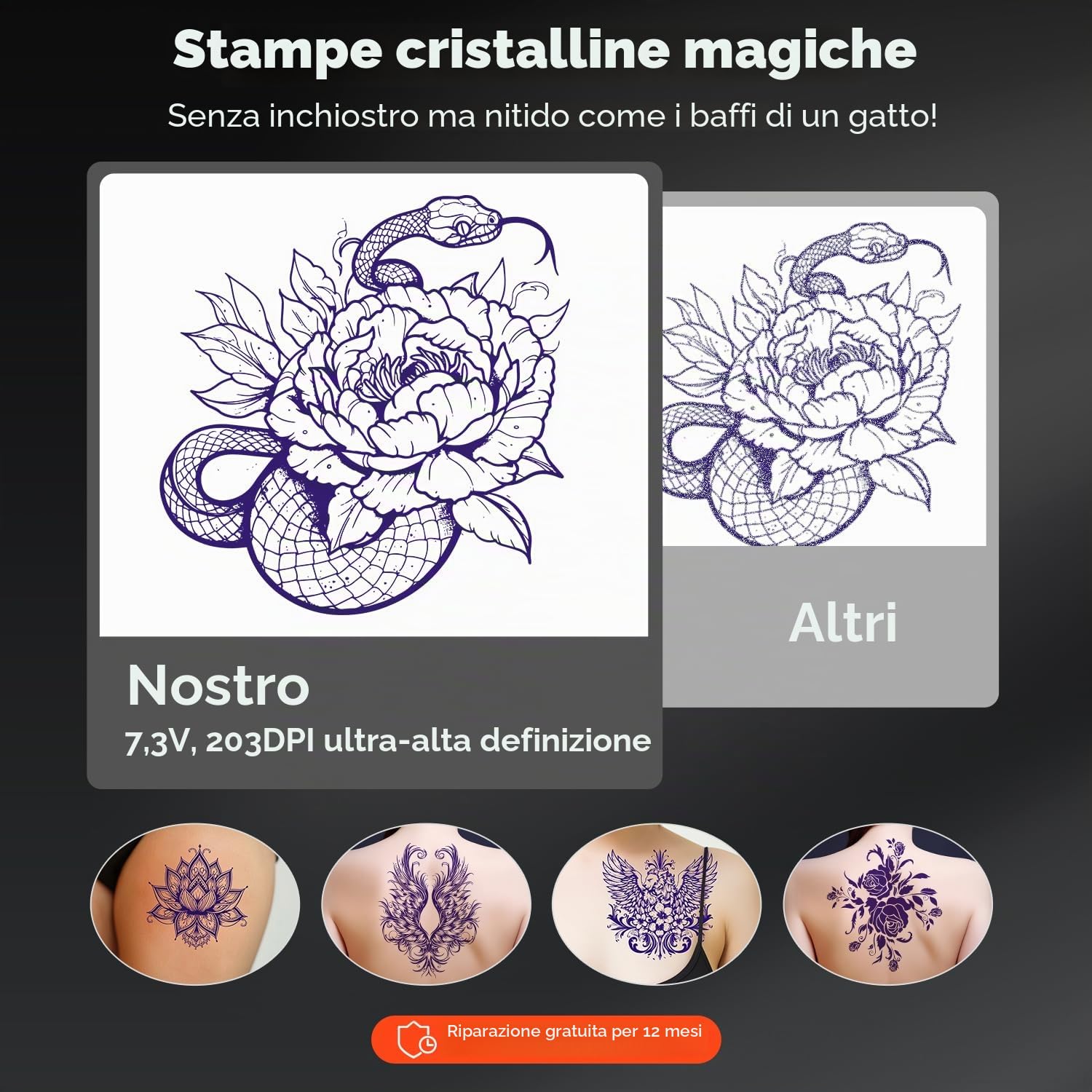 MUNBYN ITP05 Stampante Termica Tattoo Bluetooth 2600 mAh, 20 Fogli Carta Transfer, Nero