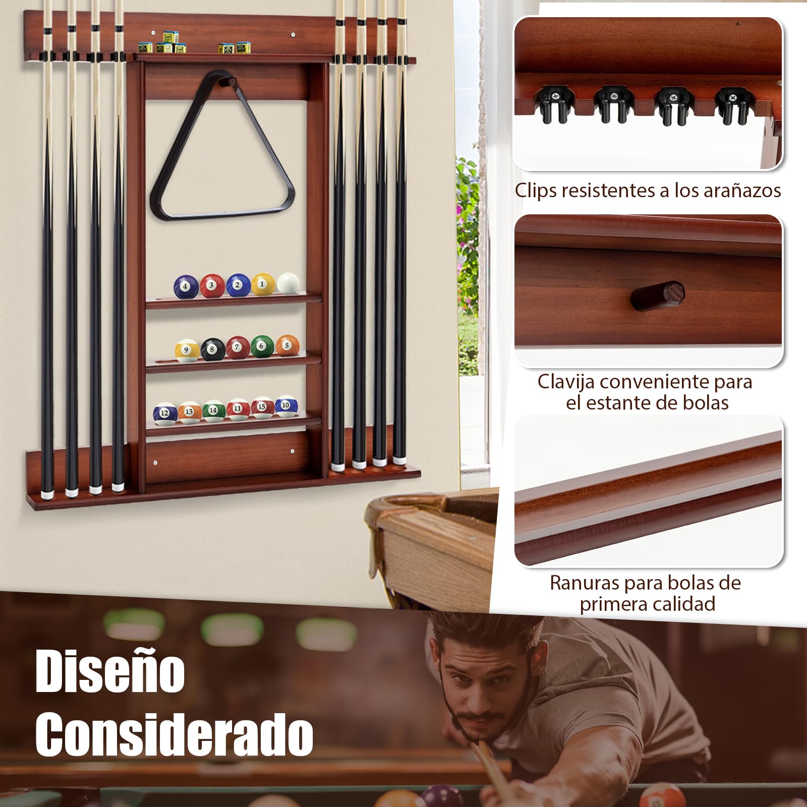 GOPLUS Soporte para Tacos de Billar de Madera de Pino, Soporte para 8 Tacos, 15 Bolas de Billar y Accesorios de Billar, Taquera Billar para Sala de Billar, Bar, Club, Montaje en Pared (Marrón)