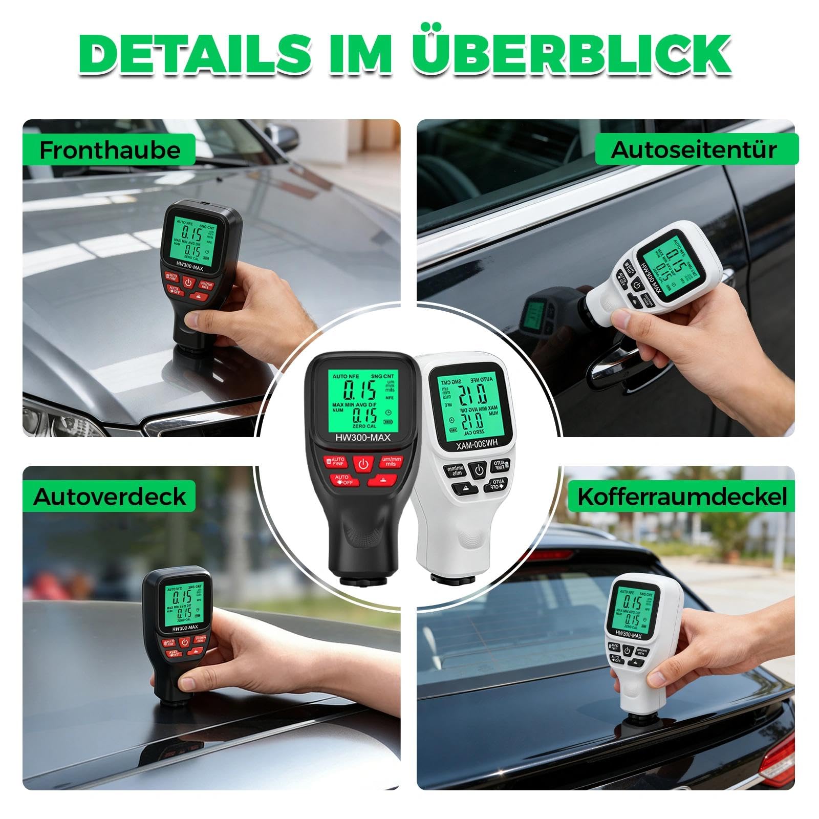 Digitales Schichtdickenmessgerät, 0-2000µm Lackmessgerät Auto Lackdickenmessgerät für Auto, Einheitenumrechnung (µm/mm/mils), ABS Lackschichtdickenmessgerät zum Messen (Black)