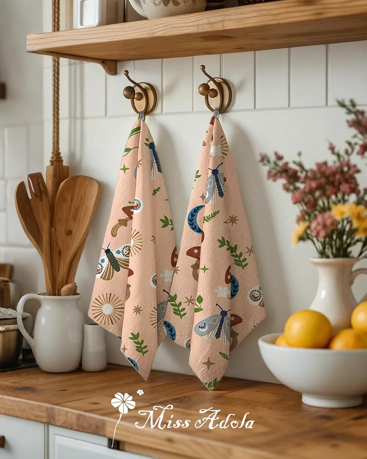 Flour Sack Kitchen Towels - Set of 2 Cotton Dish Towels with Hanging Loop Decorative 16x26 Inch Absorbent Cute Design for Housewarming Gifts, Shroom Butterfly - Image 3