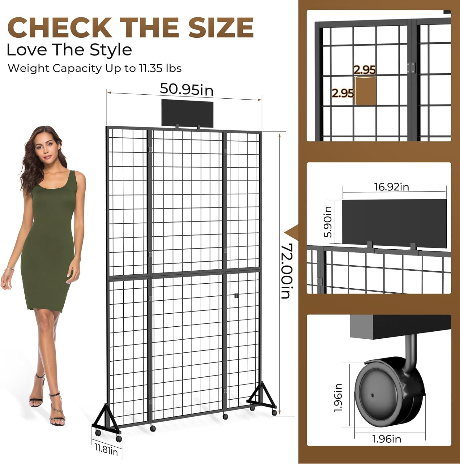 Foldable Grid Wall Panel, 6' x 4.25' Ft Gridwall Display Stand with Notice board, Heavy Duty Sturdy Floorstanding Wire Grid Display Rack, Movable Silent Wheel, Ideal for Retail & Art Craft Fairs