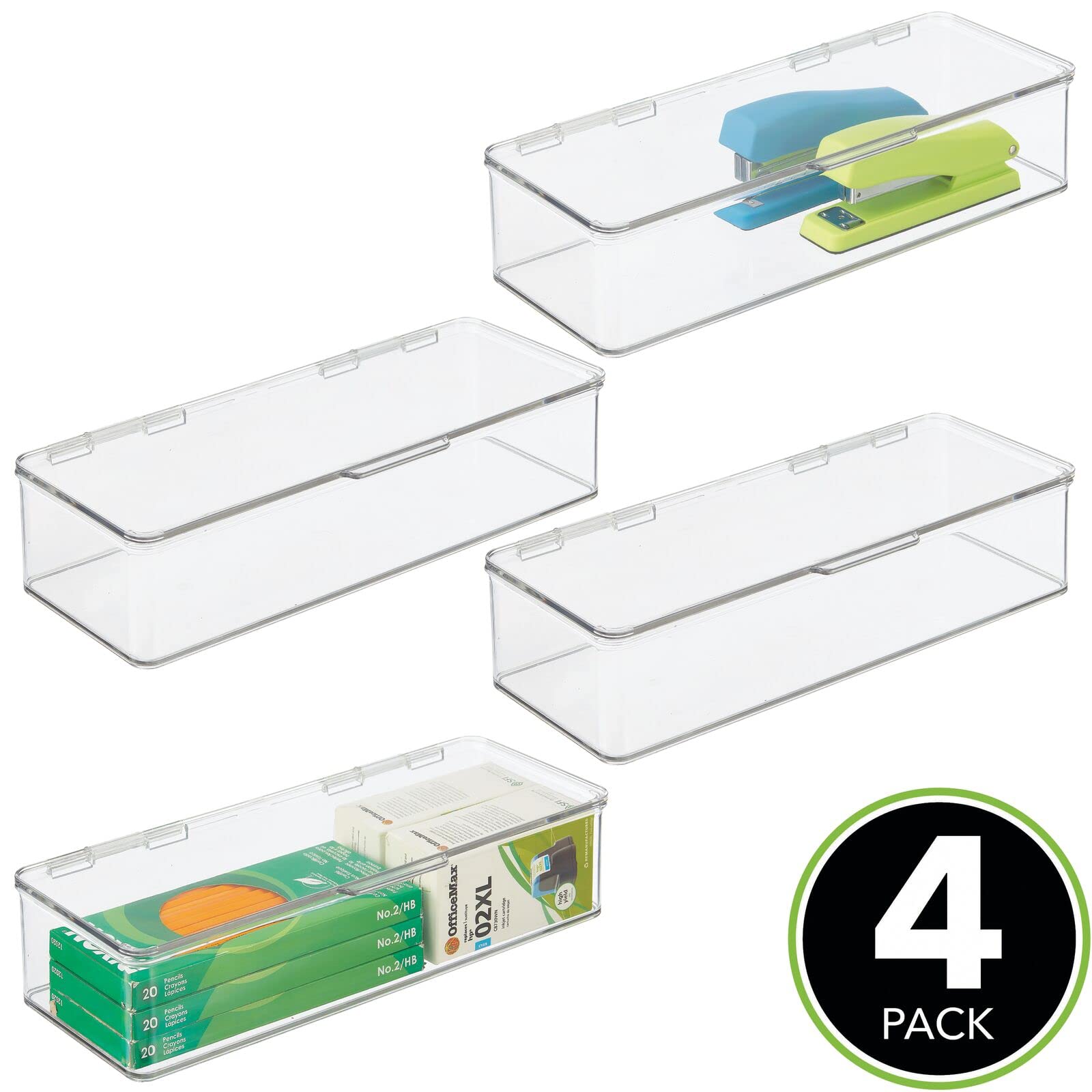 mDesign Juego de 4 organizadores de escritorio – Organizador de oficina apilable de plástico sin BPA – Caja de almacenamiento alargada con tapa para bolígrafos, gomas y más – transparente
