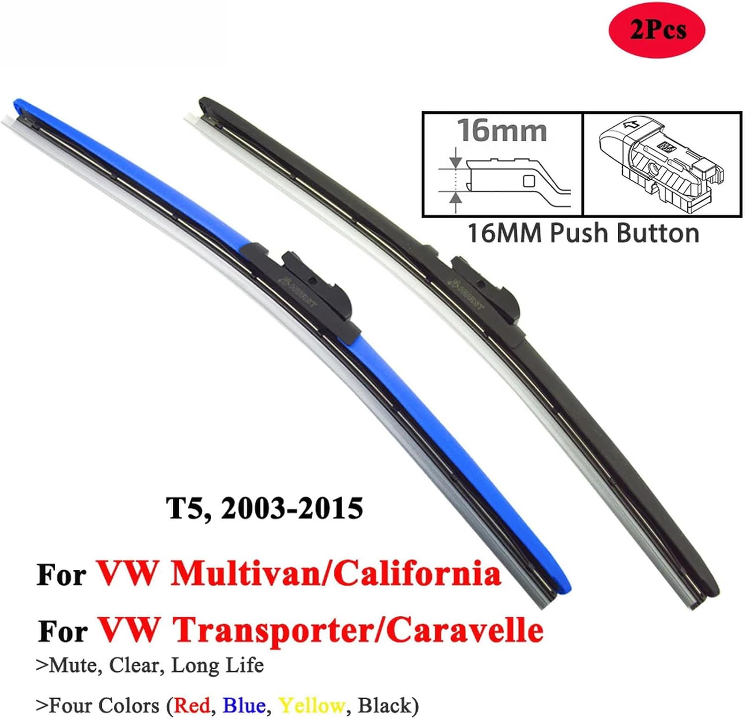 カラフルなワイパーブレード、フォルクスワーゲン T5 トランスポーター カラベル マルチバン カリフォルニア 2003 2010 2