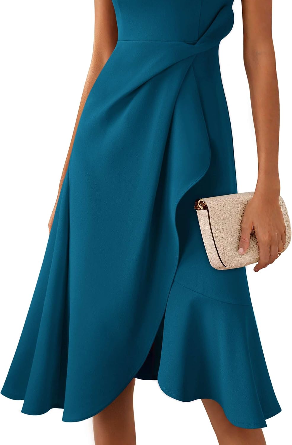 VFSHOW Womens Asymmetric Ruffle Ruched Cocktail Sleeveless Elegant Boat Neck Wedding Guest Business Formal A Line Midi Dress