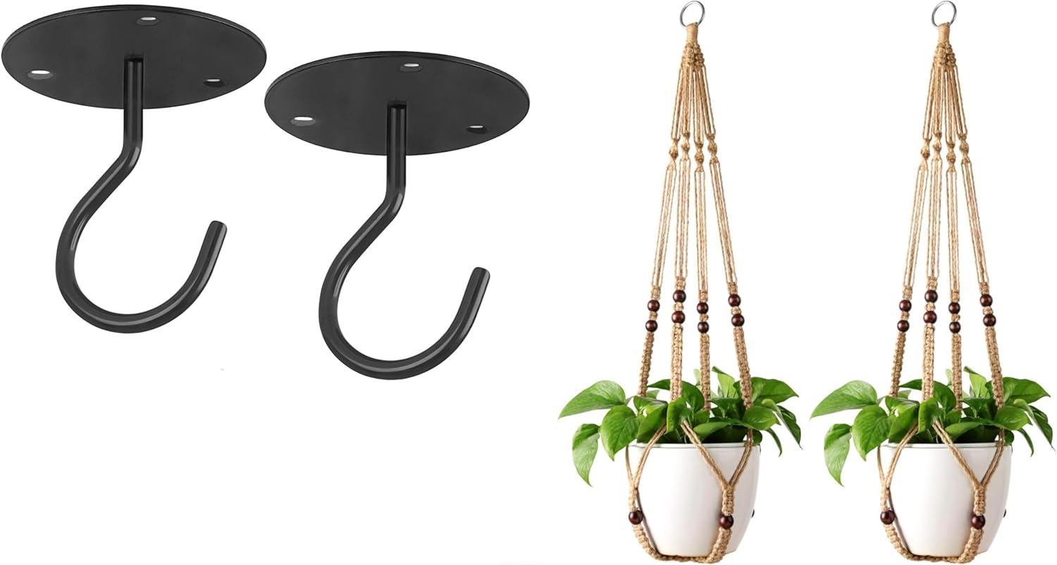 Mkono Macrame Plant Hangers Indoor Jute Hanging Planter Basket and Ceiling Hooks, Wood Beads Decorative Flower Pot Holder for Indoor Outdoor Boho Home Decor,Brown，Set of 2