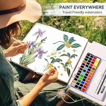 MeiLiang 52 Colors Travel Watercolor Paint Set with Accessories | Includes Pencil, Brushes, Paper, Sponge & Pens. Ideal Art Supplies for Adults, Blue Carrying Case