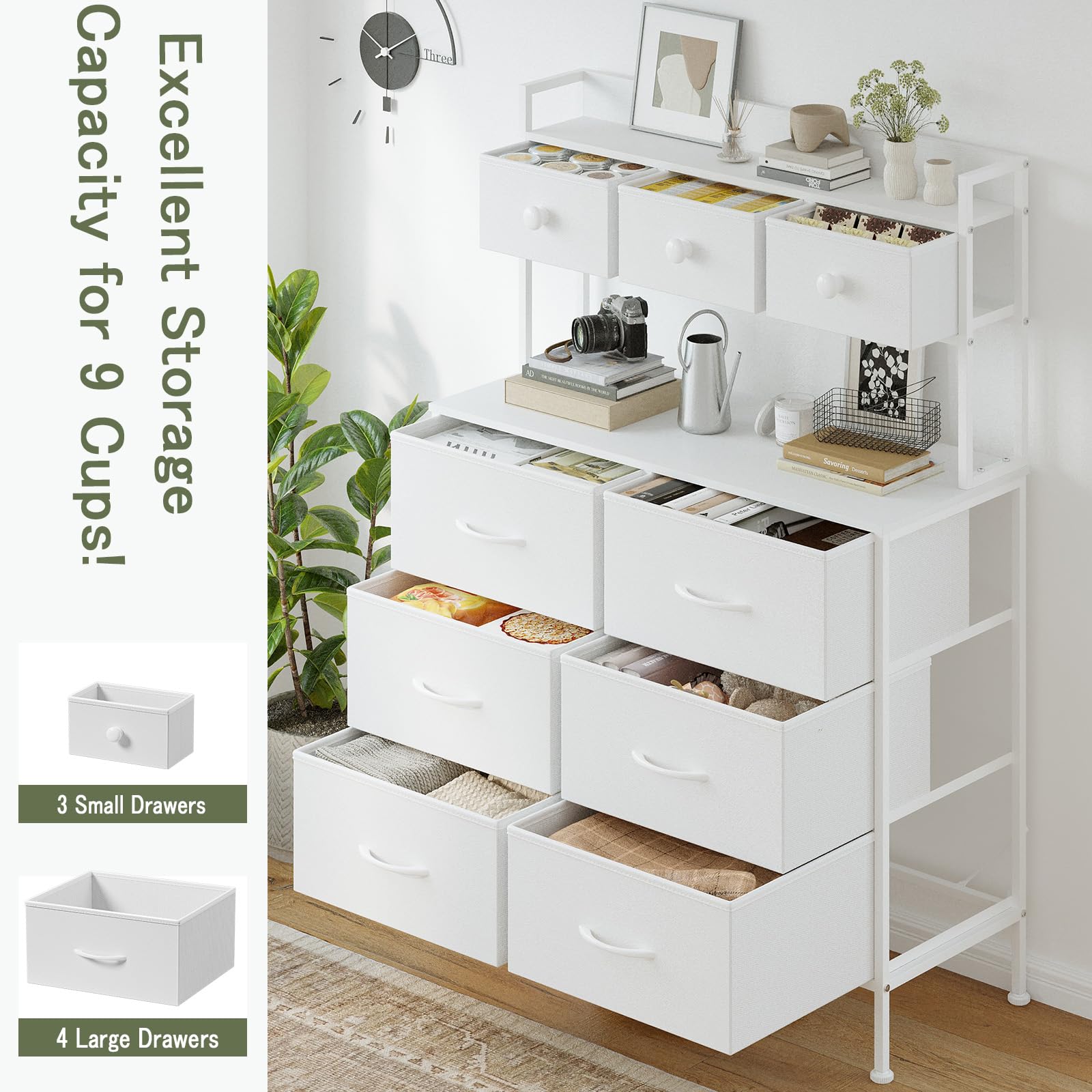 Cassettiera a 9 cassetti per Camera da Letto con Maniglie, Piano in Legno, Struttura in Metallo, cassettiera Alta per Camera da Letto, Soggiorno, Bianco