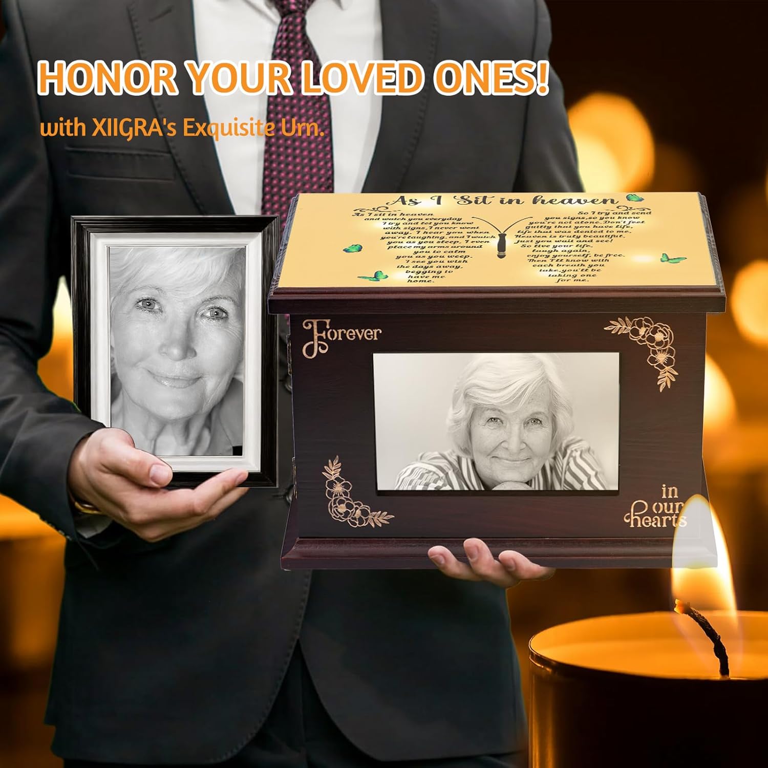 Cremation Urns for Human Ashes Adult Male Female Wooden Urns with Photo Frame for Women Men Funeral Memorial Decorative Wood Urns for Ashes Large Burial Urn Box and Casket Up to 250 IBS (Butterfly) - Image 7