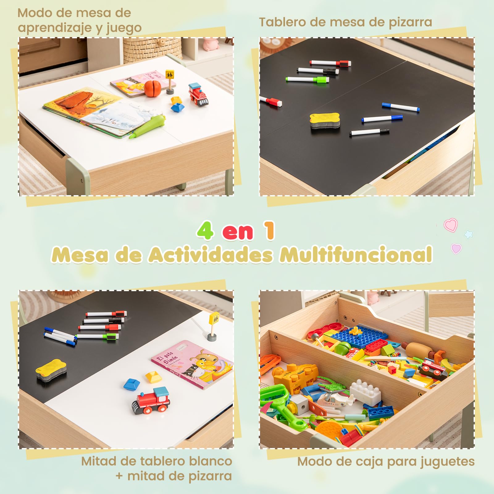 COSTWAY 4 en 1 Juego de Mesa y Silla Infantil, Mesa Infantil de Madera con 2 sillas, Manualidades, Dibujo, Lectura, Mesa Escritorio Infantilcon Almacenaje, Pizarra Desmontable para Guardería (Verde)