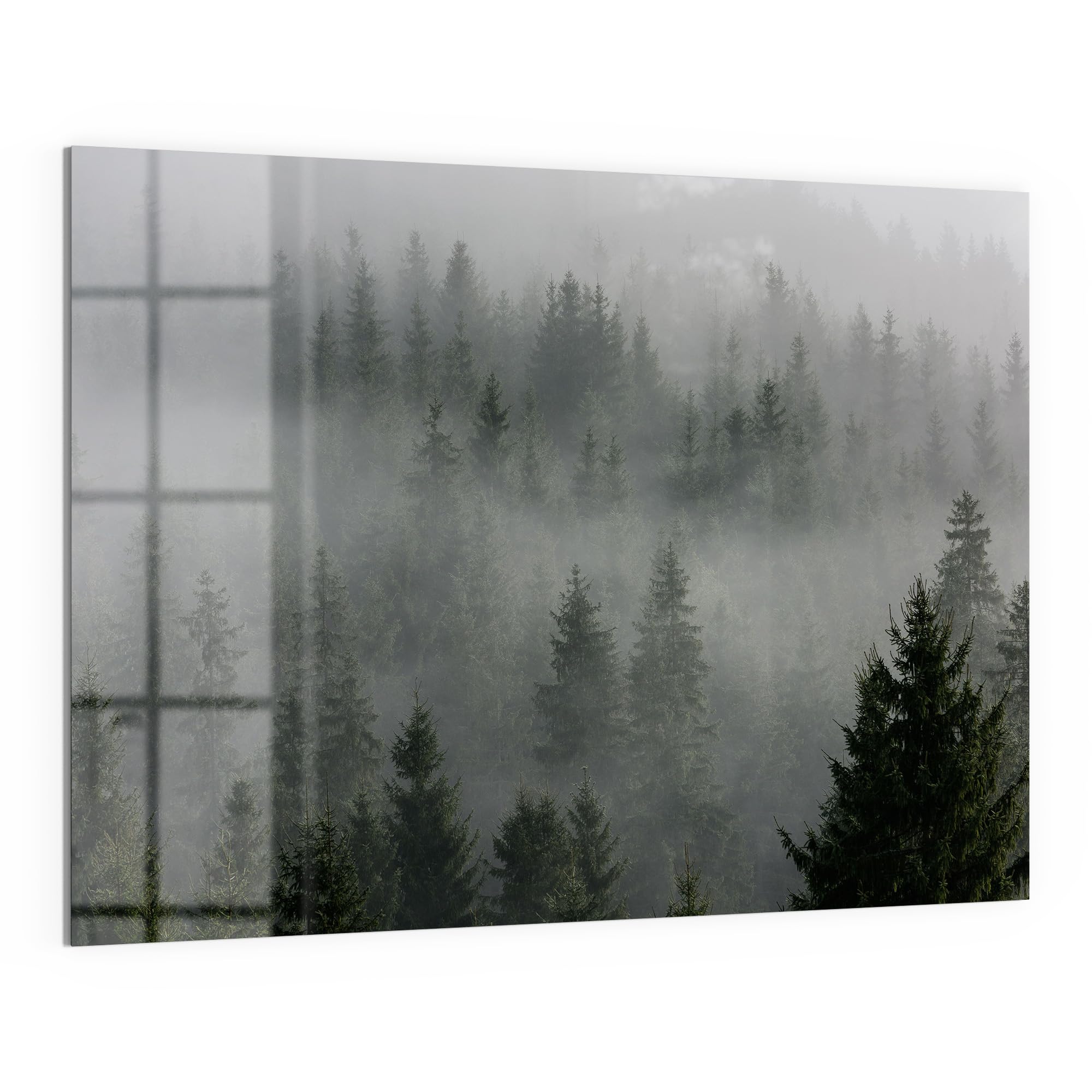 DEQORI Szklana tablica magnetyczna | wymiary 120 x 90 cm | motyw "Mistyka lasu mgłowego" | tablica memo ze szkła | tablica magnetyczna z magnesami, długopisem i ściereczką do kuchni i biura | tablica