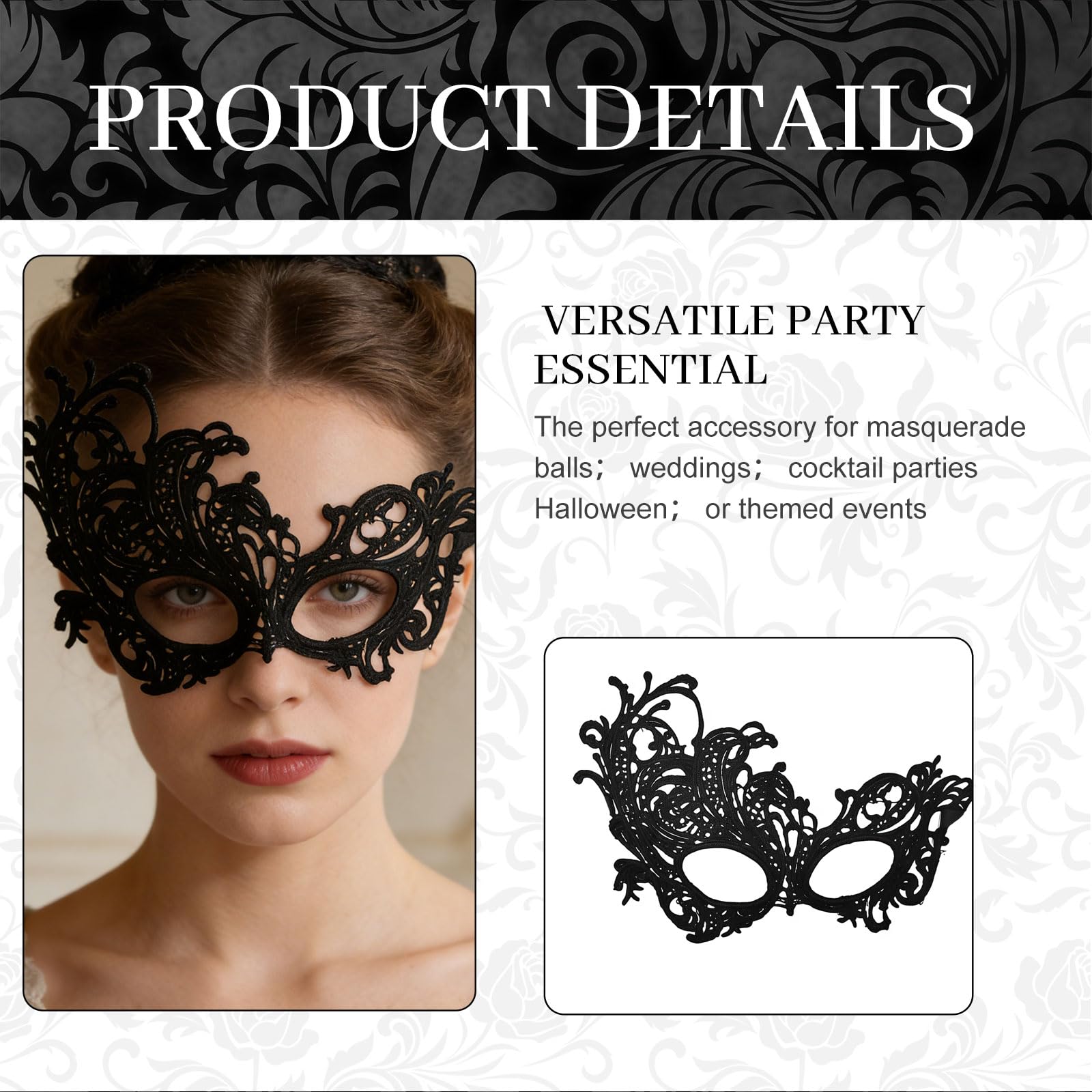Zosutetoxo Mask Maskenball Venetian Mask, 6 Pieces Elegant Ladies' Lace Black for Gothic Party Costume Evening - Image 4