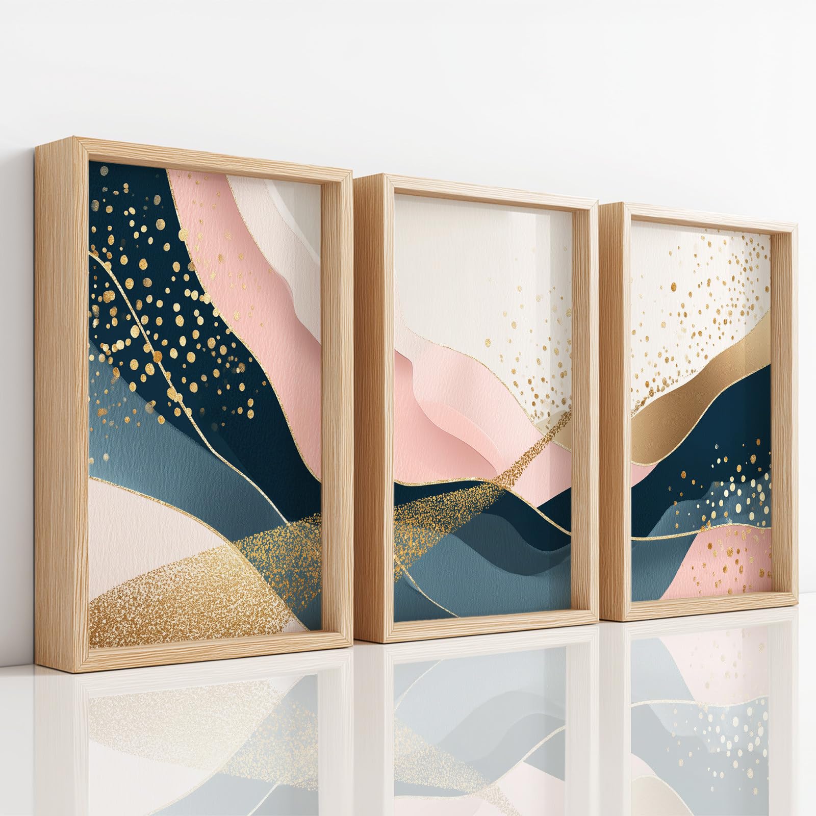 Generisch 3-teiliges Wandbild Leinwand Set 50 x 70 cm, Ohne Rahmen Ästhetische Kunstdrucke Abstrakt Elegant für Wohnzimmer & Schlafzimmer, Minimalistisch Linie Gold Rosa Marineblau