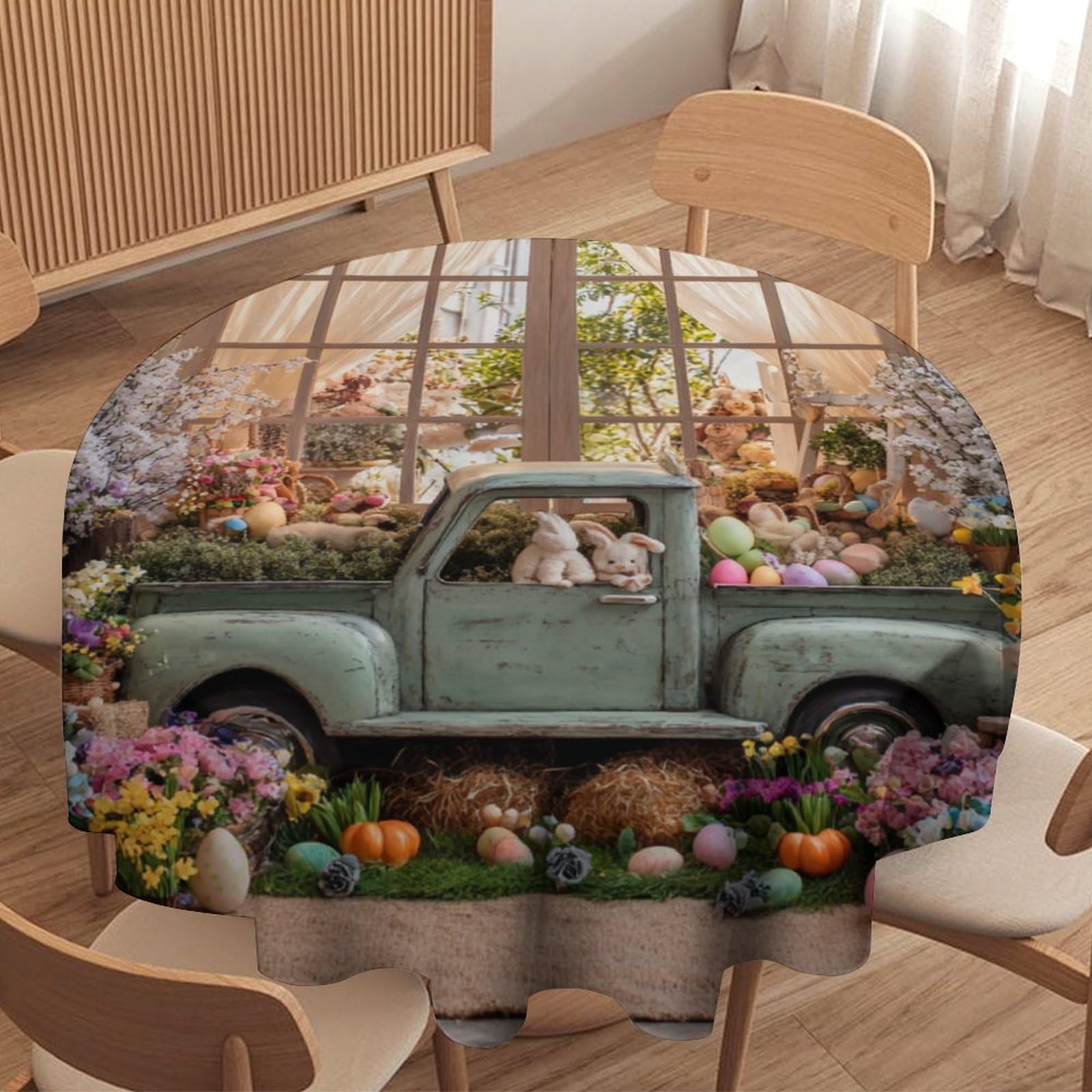 LUYYSKY Colorful Retro Easter Eggs Round Tablecloth Rustic Watercolor Spring Flowers Blue Truck Pattern Washable Decor for Table Cover for Kitchen-127 Wx127 L cm