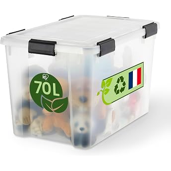 Iris Ohyama WSB-70 Airtight Plastic Storage Boxes with Lids 70L Transparent Hermetic Waterproof Closure Robust Snap Closures Stackable Dust Protection BPA-Free