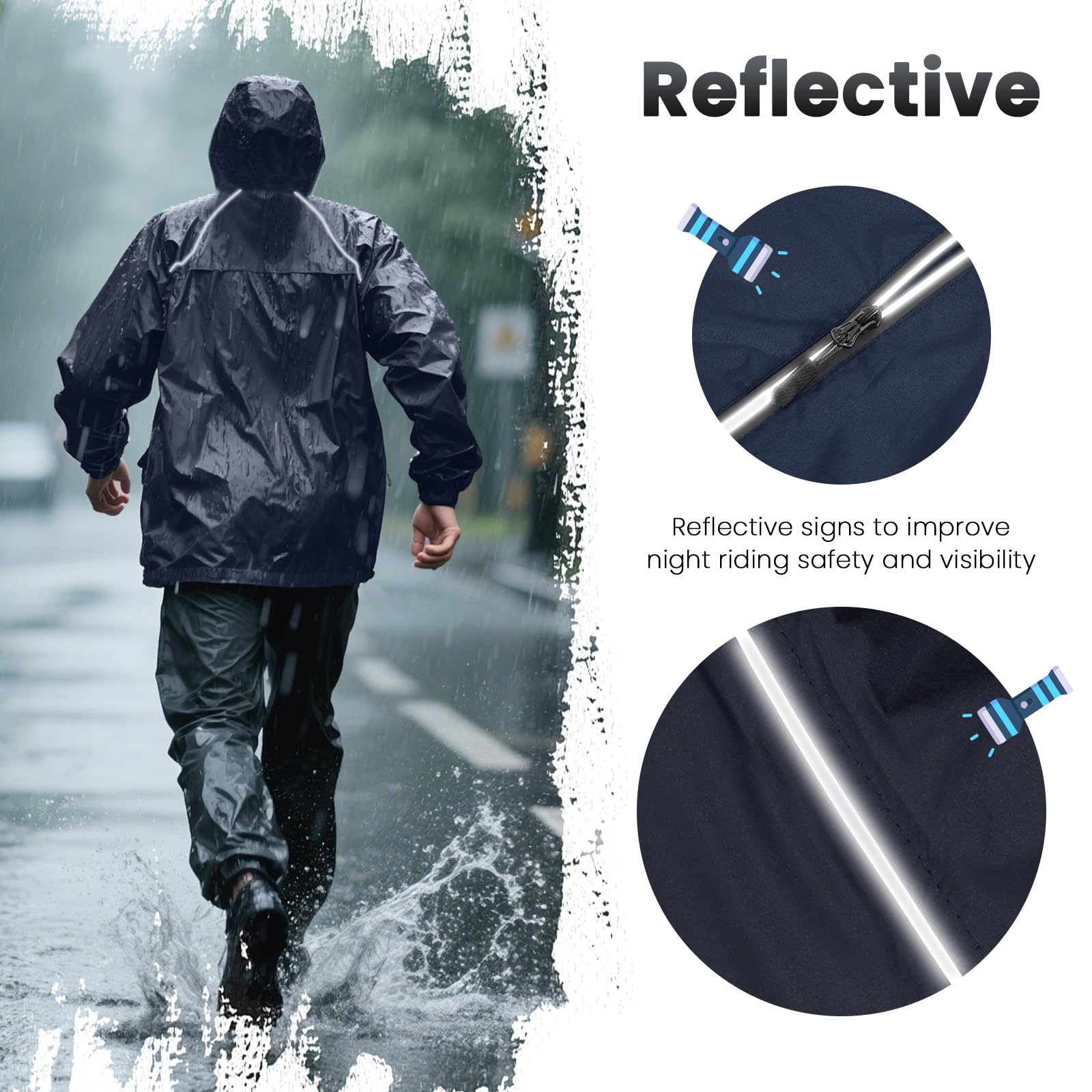 LAMA Combinaison de pluie pour homme et femme, veste de pluie imperméable et pantalon de pluie, vêtements de pluie lourds avec capuche et pochette de rangement, coupe-vent, léger, respirant, noir