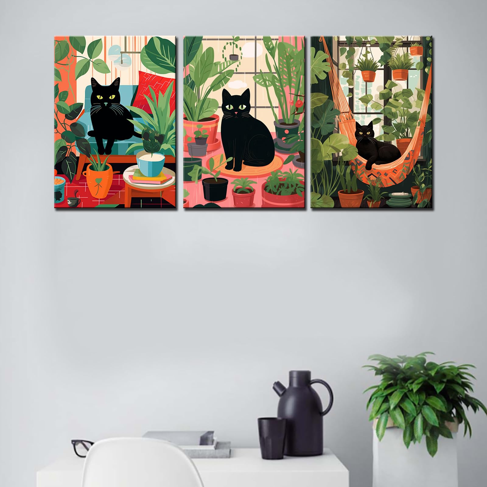 Green Leaves Animals Art Work for Home Walls Black Cat Surrounded by Potted Plant Pictures Bathroom Paintings 3 Panels Canvas Lovely Art Home Decor for Living Room Framed Ready to Hang 48''Wx24''H - Image 3