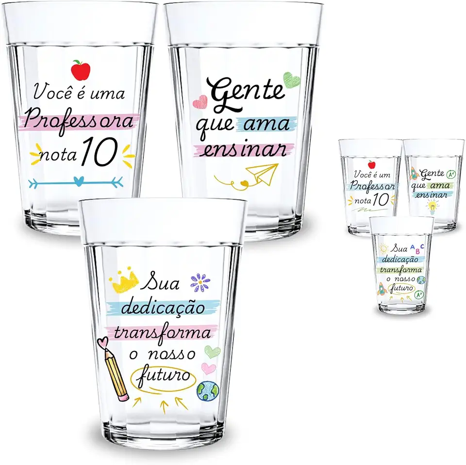 Jogo 3 Copos Personalizados Arte Professores Educação 190ML Coloridos Resistente Arte Fixa Em Verniz Ideal para Presente (Kit Professora)