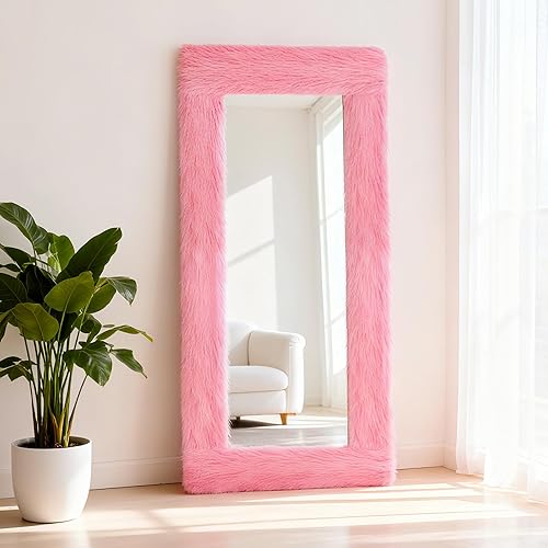Fluffy Full Length Mirror Cover Universal Ultra Soft Non-Slip Border with Adhesive Tape Pink Fuzzy Frame Decor for Standing Mirror Bedroom Cloakroom Home Decor Women Gifts (pink, 64 x 21 Inch) - Pink - 64 x 21 Inch