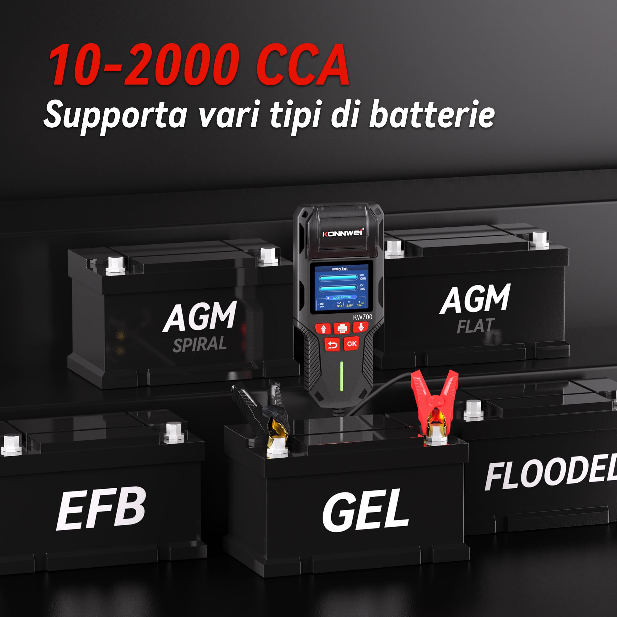 KONNWEI Tester Per Batteria Auto Con Stampante, 12v/24v, Tester Di Carico Della Batteria Automobilistica 10-2000 Cca, Test Di Avviamento E Ricarica, Tester Alternatore Per Auto, Camion(Carta Inclusa)