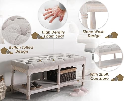 Miniatura 4 de Janoray Banco de almacenamiento estilo granja con tapicería y asiento acolchado en madera para dormitorio, organizador para el extremo de la cama y