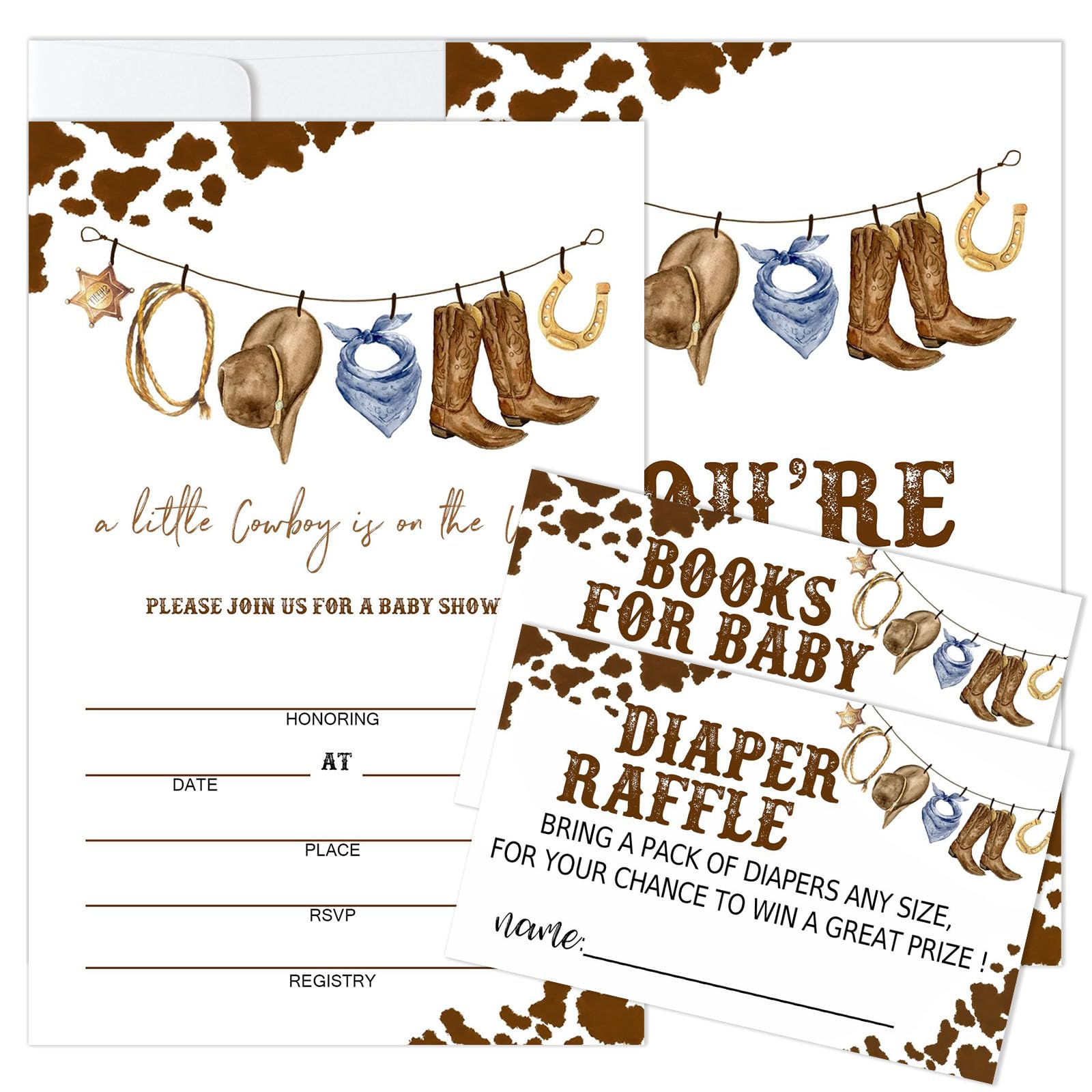 Moonle Baby Shower Invitations with Envelopes, Diaper Raffle Tickets and Baby Shower Book Request Cards, Cowboy theme babyshower party supplies, Set of 25