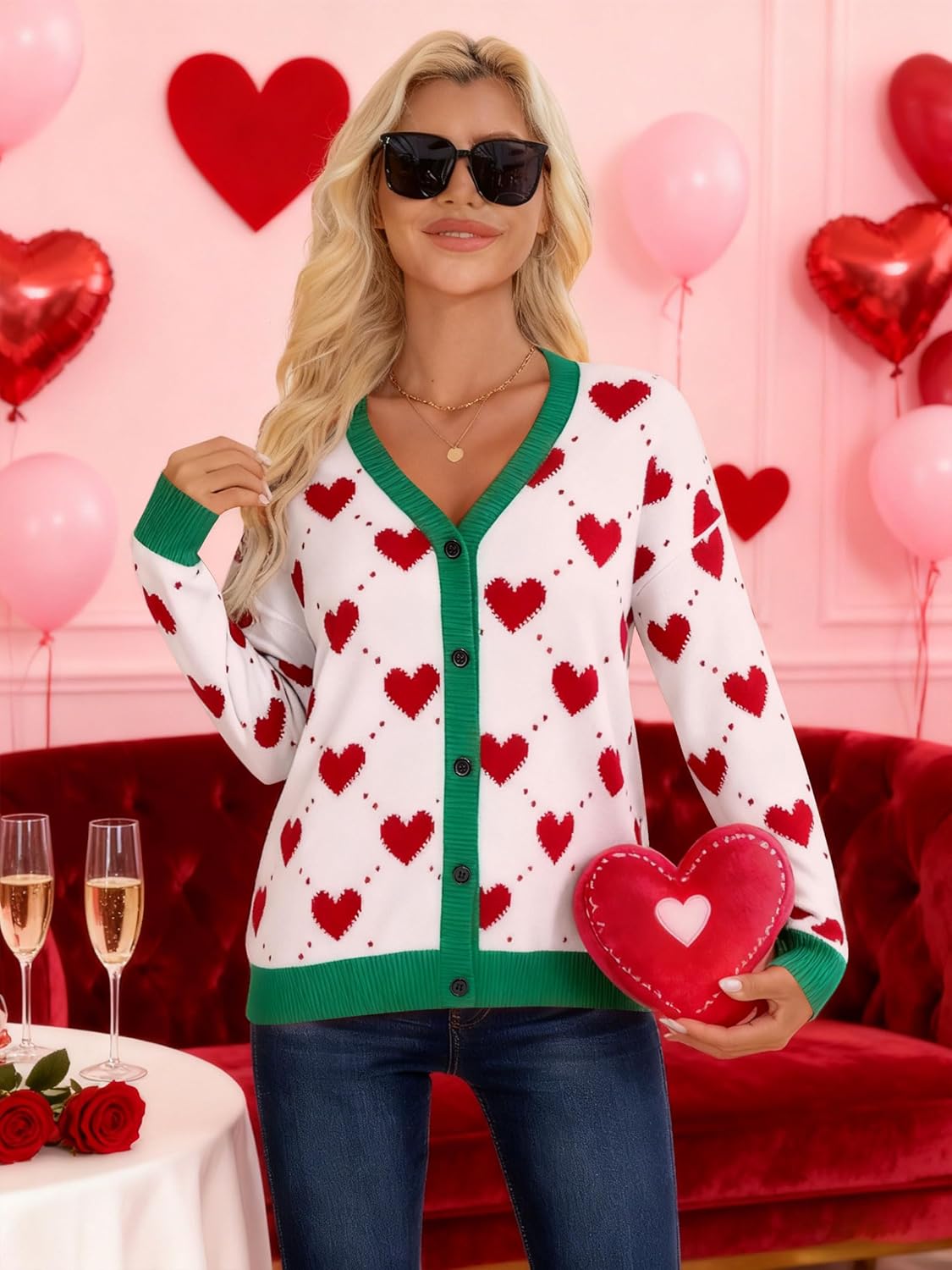 NEWWEN Valentines Cardigan Sweaters for Women Heart Graphic Knit Sweater Button Down V Neck Open Front Outerwear - Image 4