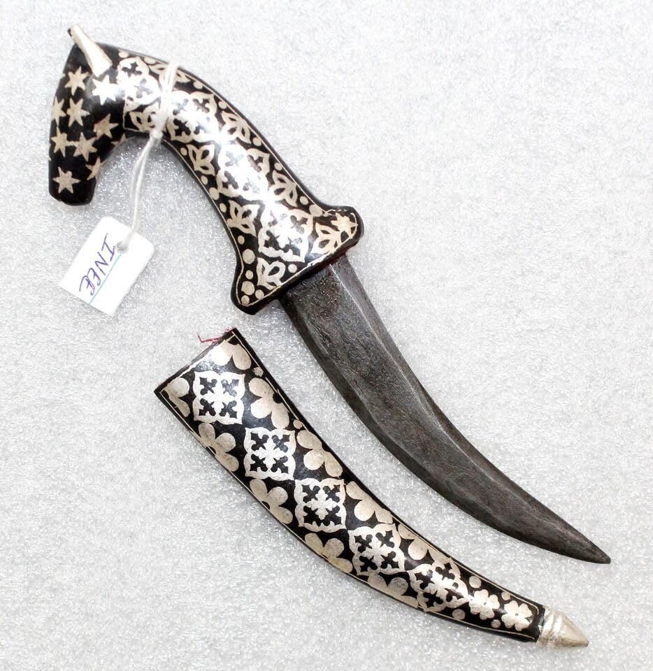 Rajasthan Gems Dagger Knife Damascus Steel Blade Pure Silver Koftgari Wire Work Horse Face H555