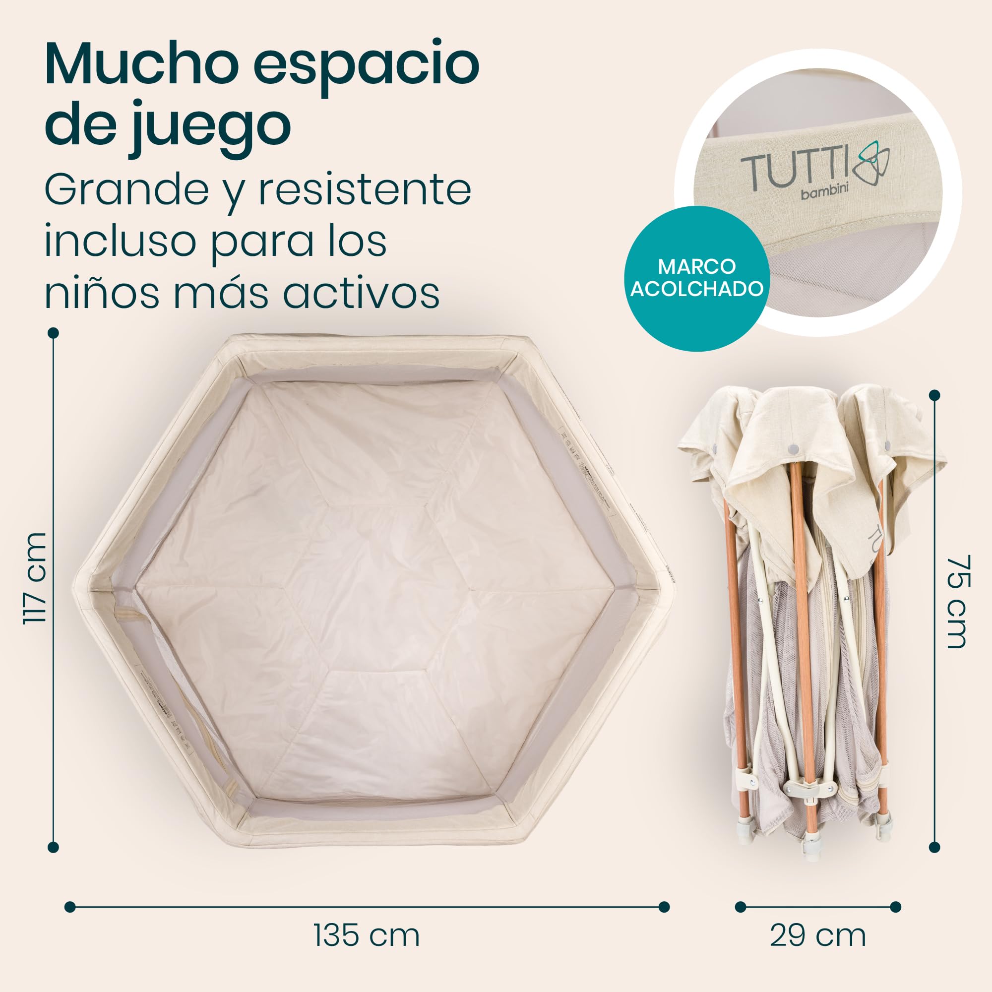Tutti Bambini Parque Infantil Bebe - Corralito Bebe Plegable con Paredes de Malla, Puerta con Cremallera, Colchoneta de Suelo y Bolsa de Transporte - 135 x 135 x 75 cm - (Crudo)