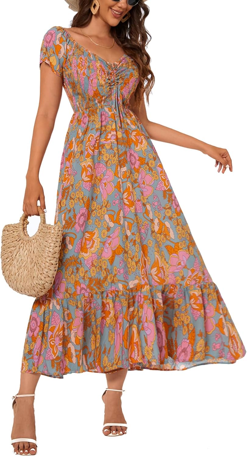Women's Summer Casual Short Sleeve V Neck Smocked Elastic Waist Tiered Boho Floral Flowy Maxi Dress - Image 4