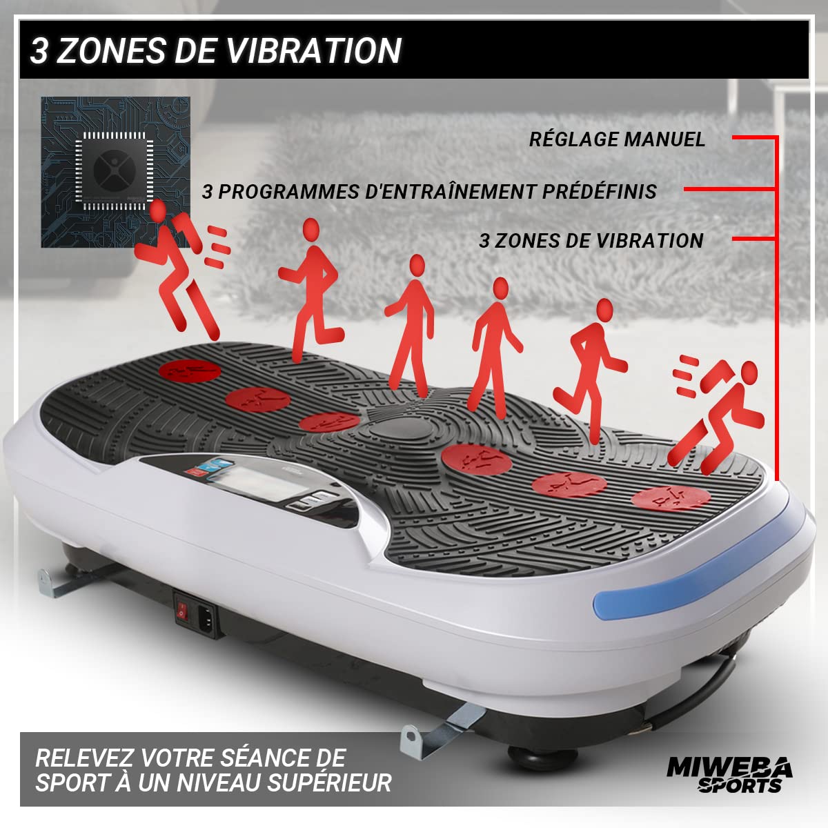 Miweba Sports Fitness 4D Wave Plaque vibrante MV300 - Bracelet télécommande - Design Wave - 800 Watts - Haut-Parleur Bluetooth - Bandes d'entraînement - LED - Grande Surface d'appui
