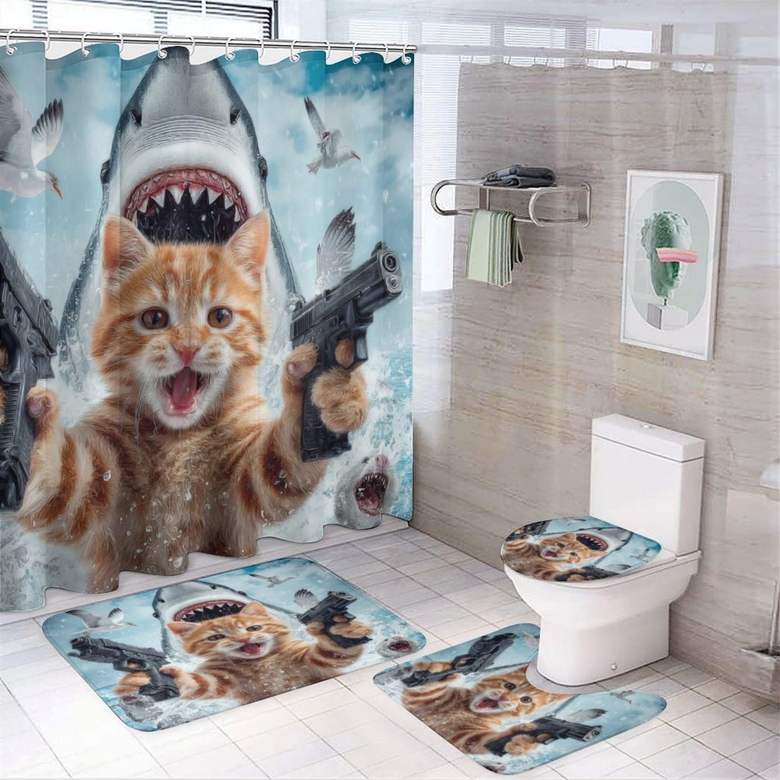 Luyysky Fantasy Nautical Shark Shower Curtain Decor Set,Cool Funny Cat Great Waves Marine Theme Ocean Shark Bathroom Decor Sets With Rugs,Bathroom Shower Curtain Set