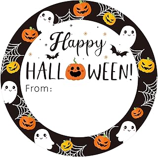 108 PCS Happy Halloween Stickers 2 Inch Self Adhesive Name Label Stickers Halloween Ghost Pumpkin Design Round Spooky Name Tag Sticker for Gift Wrapping Candy Bags Envelope Seals Party Favors