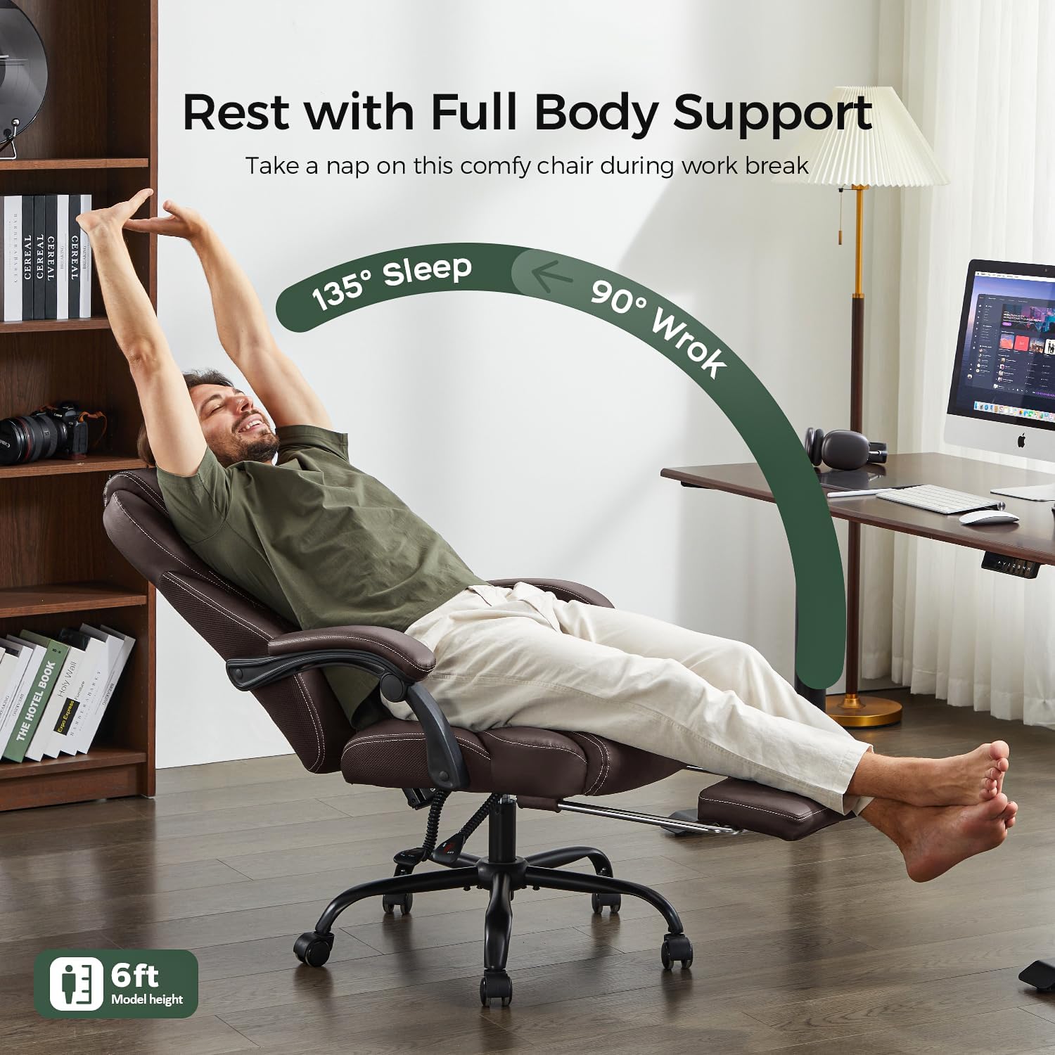 Office Chair, Big and Tall Office Chair with Foot Rest Ergonomic Desk Chairs Reclining High Back Leather Chairs with Lumbar Support(Brown) - Image 3