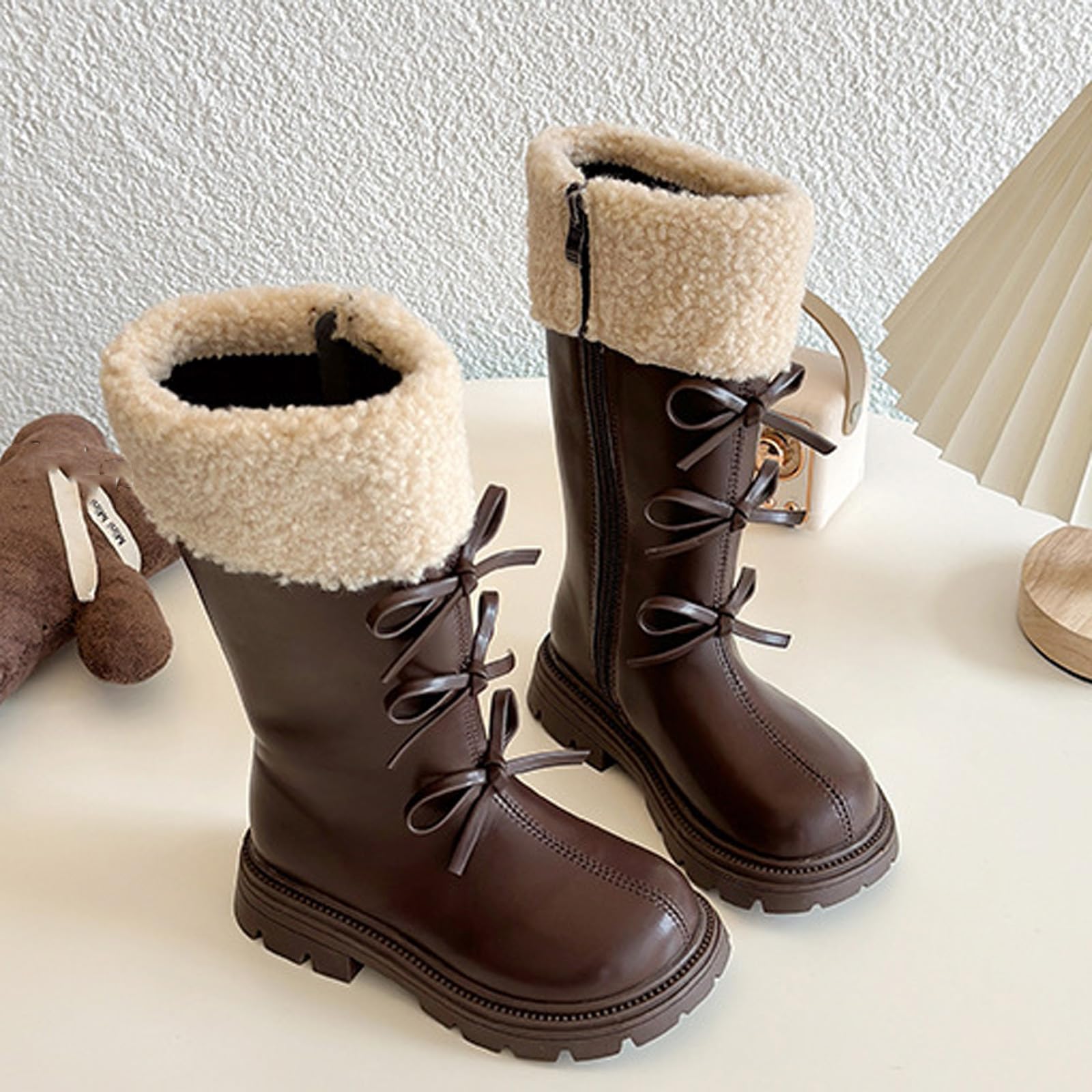 Botas de Nieve Otoño e Invierno para Niña Gruesas y Cálidas Botas Alta de Piel con Forro Polar con Lazos Bota de Media Caña con Cremallera Lateral Estilo Británico Botines Niña Plano para Uso Diario