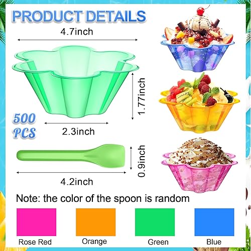 Miniatura 2 de Zubebe 400 juegos de tazas de plástico para helado de 8.45 onzas con cucharas, cuencos de plástico con forma de flor colorida para postre, tazas de