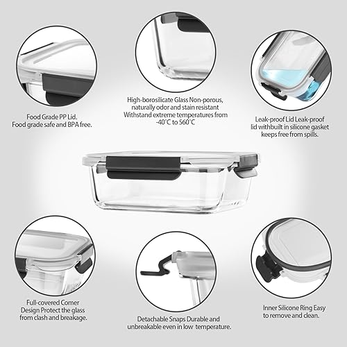 Miniatura 4 de Recipientes de vidrio para almacenamiento de alimentos con tapas herméticas, recipientes de vidrio para preparación de comidas con tapas a presión