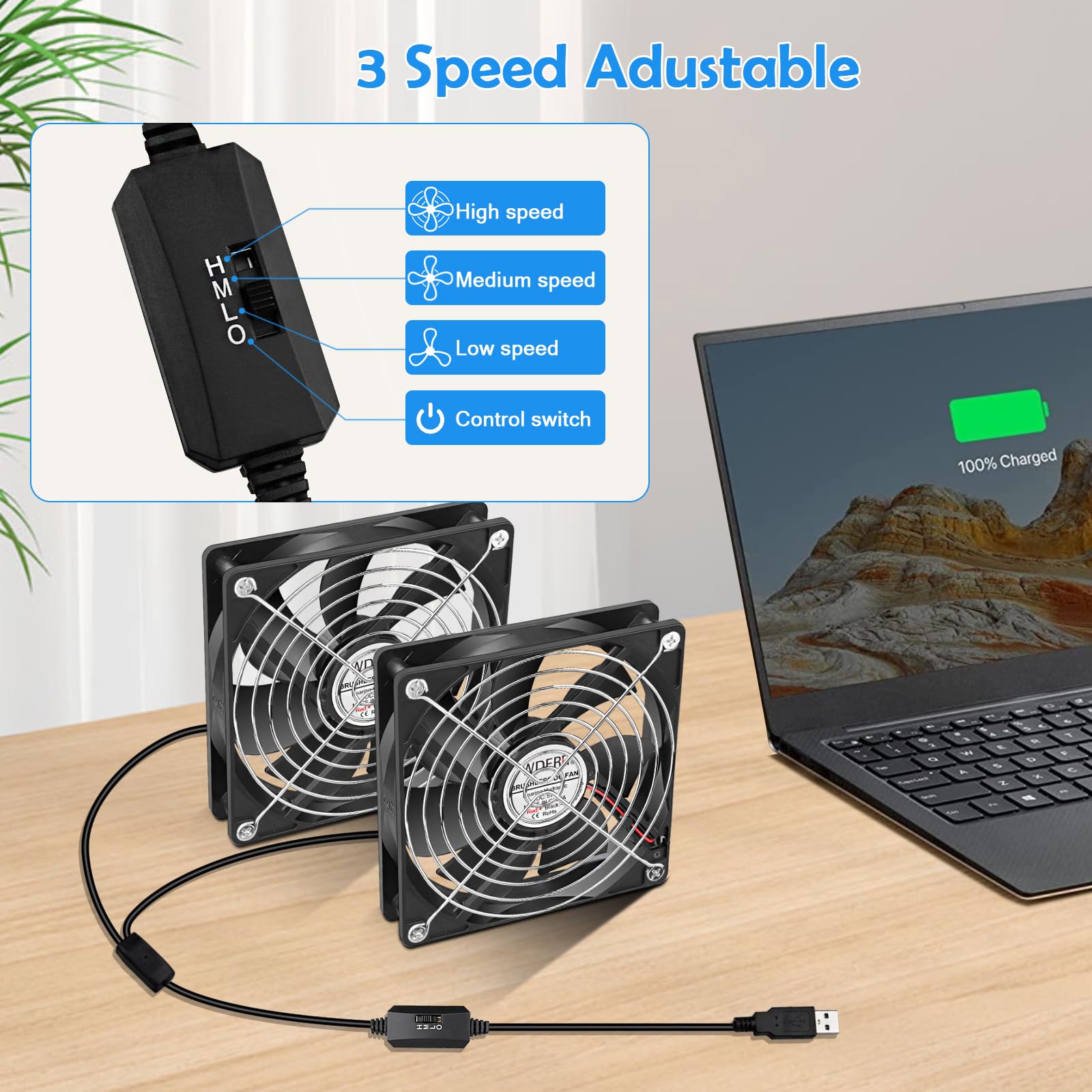 120 mm Computergehäuse, 5 V, USB-betriebener Lüfter, kleiner, leiser flacher Kühler mit Geschwindigkeitsregler für Empfänger/Router
