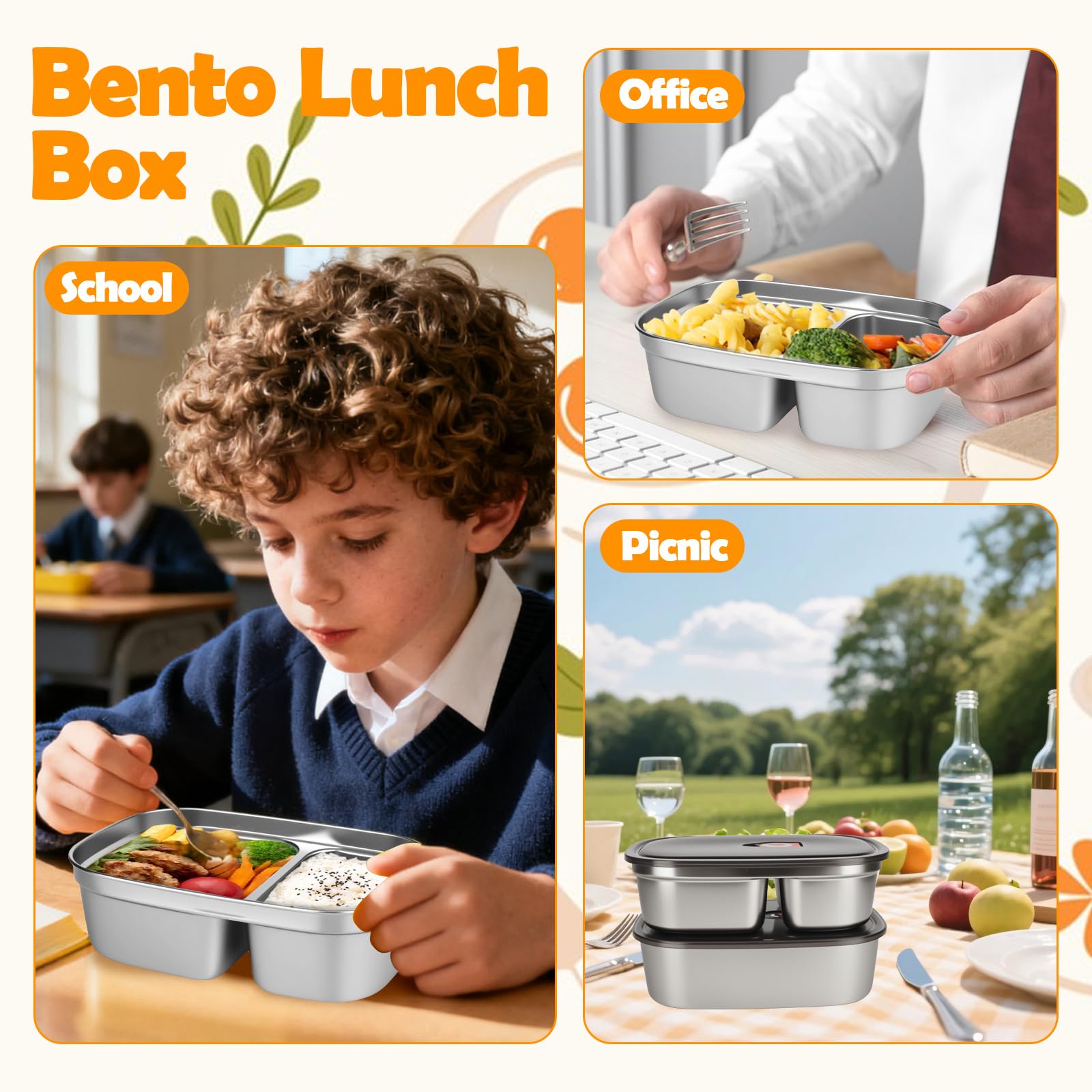 Pudełko na lunch dla dorosłych, 2 sztuki, pojemność 1,2 l + 1,7 l, ze stali nierdzewnej 304, przenośne, ze stali nierdzewnej, szczelne, dla dorosłych i dzieci, do szkoły, biura