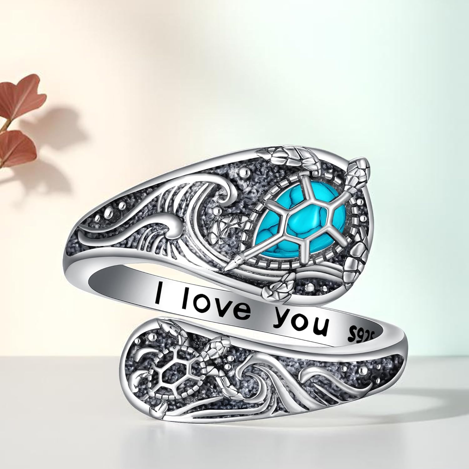 Turtle Spoon Rings for Women S925 Sterling Silver Turquoise Turtle Ocean Thumb Wave Ring Vintage Adjustable Jewelry Valentine's day Mothers Day Gifts