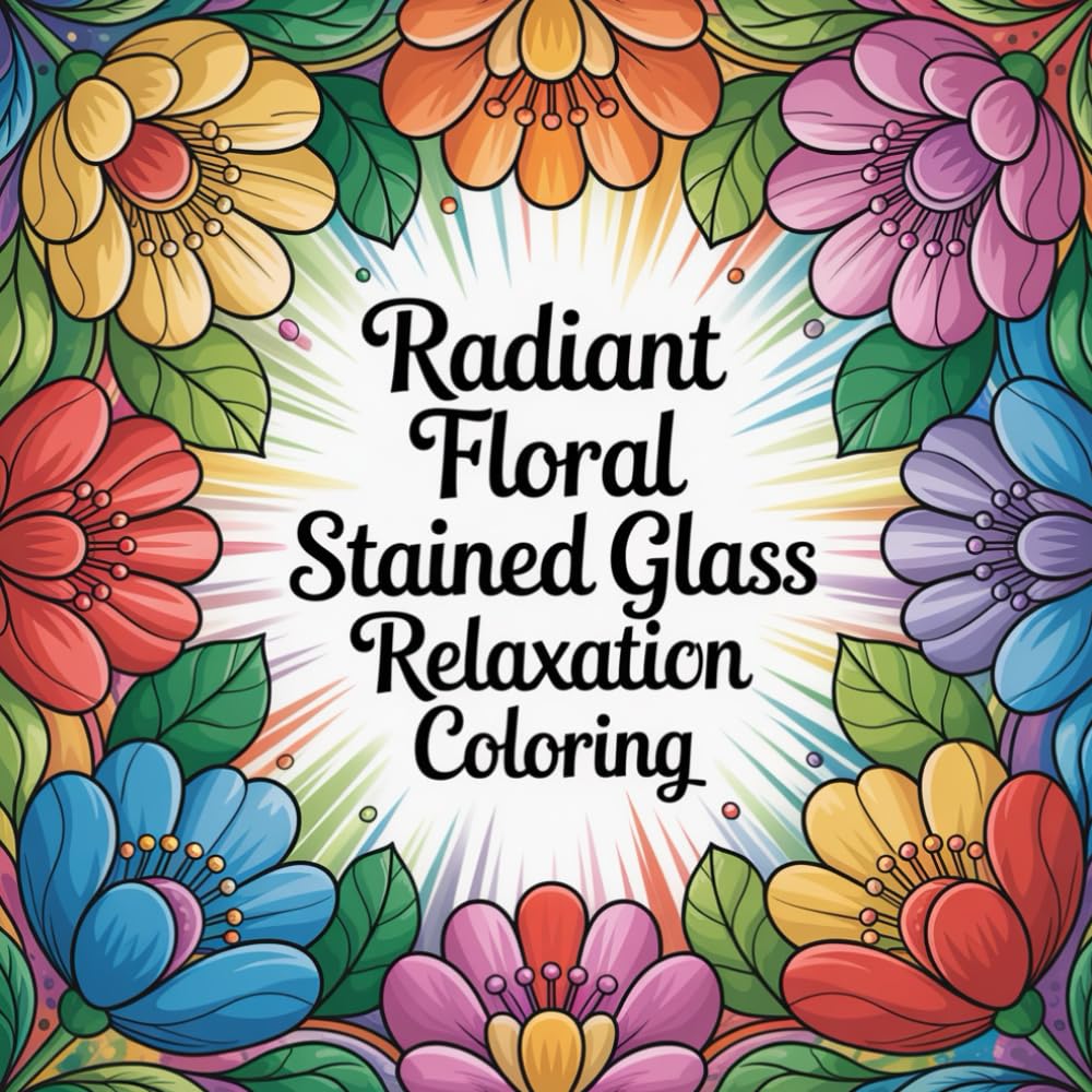 Radiant Floral Stained Glass Relaxation Coloring: Discover calming stained glass beauty with floral patterns perfect for stress-free coloring moments.