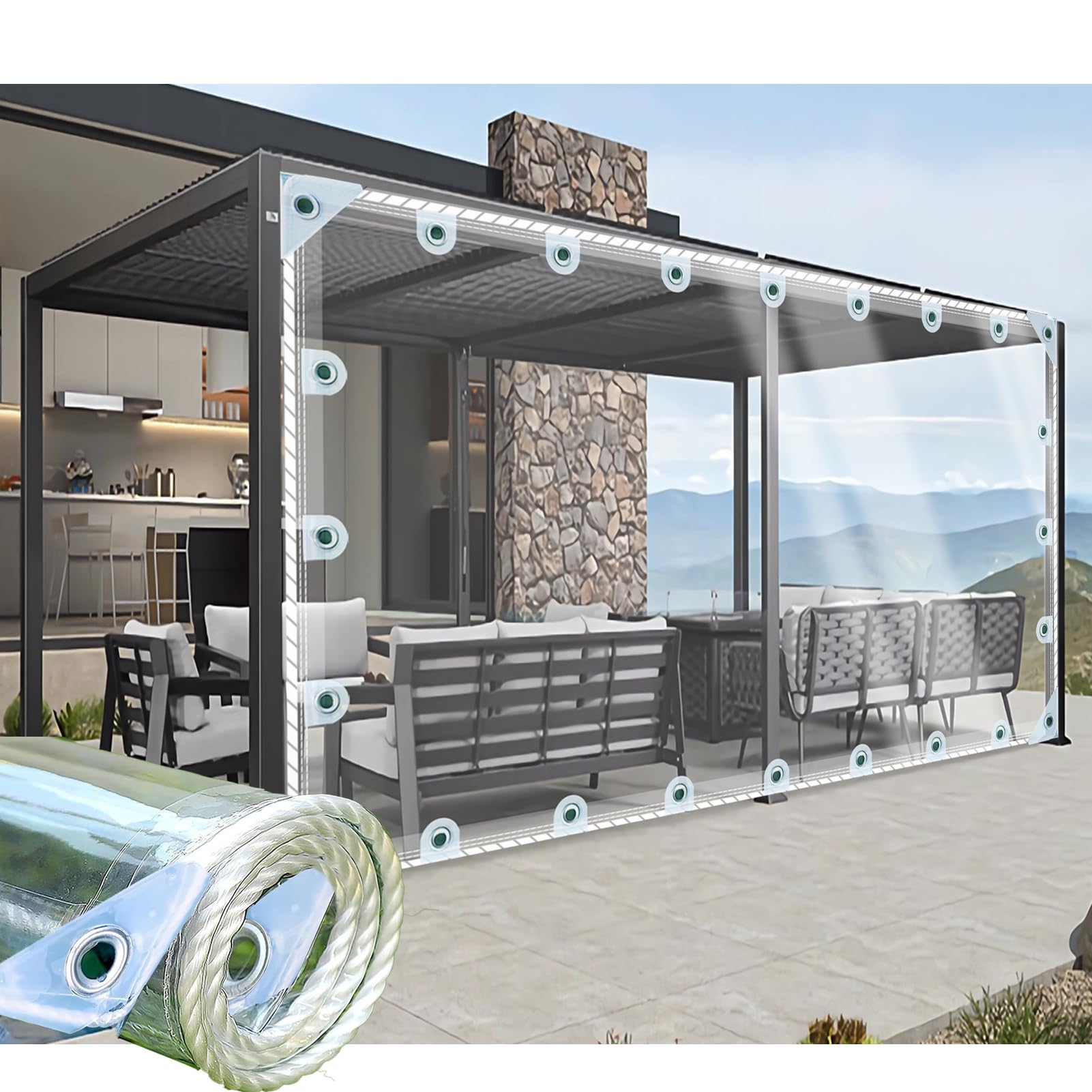 CAQXAQP Heavy Duty Clear Tarpaulin 2mx8.5m, Transparent PVC Waterproof Sheet, Reinforced Grommets & Tear Resistant, for Pergola Cover, Balcony Rain, Garden Furniture Covers