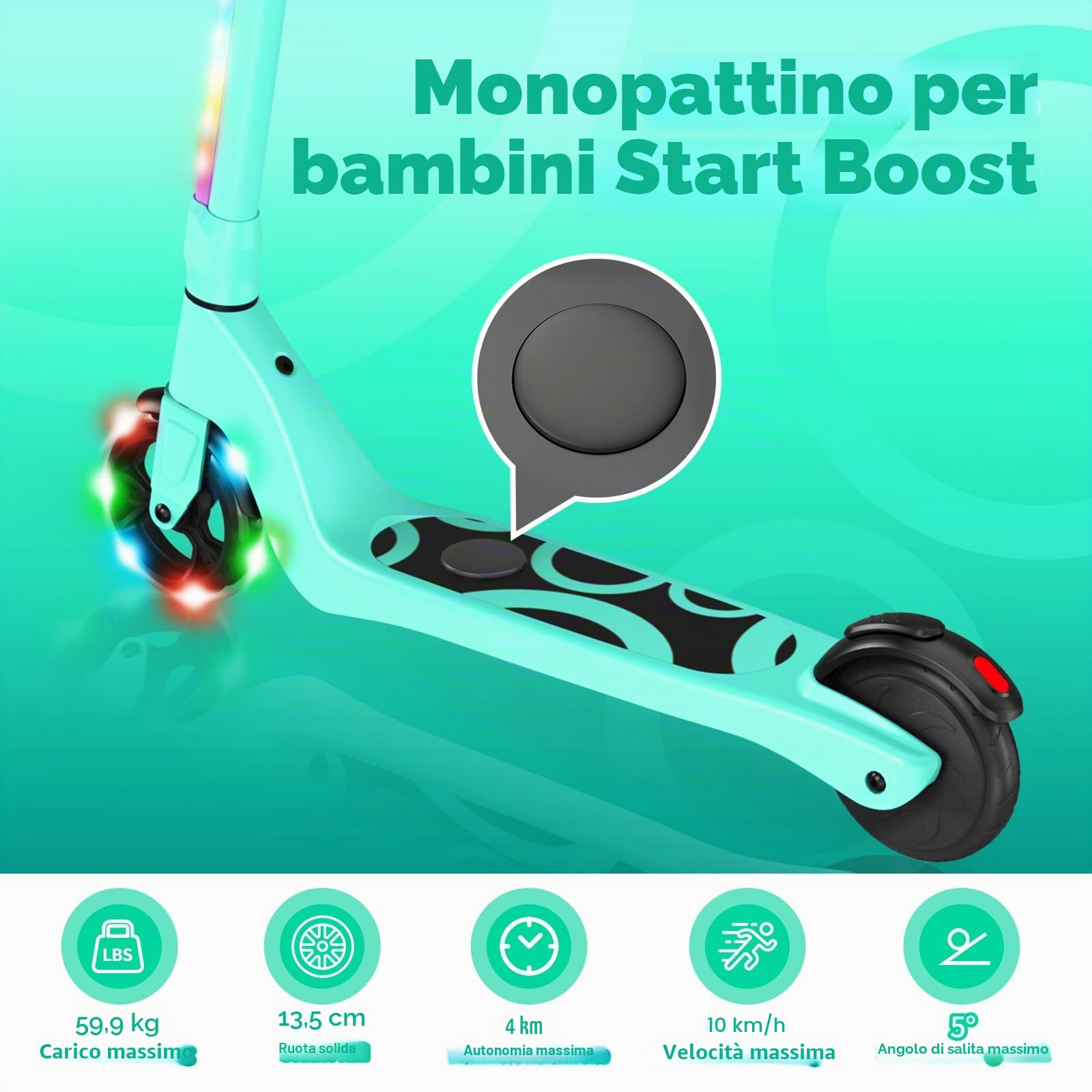 SISIGAD Monopattino elettrico per bambini da 6 a 12 anni, con luci LED lampeggianti e 3 altezze regolabili, max 10 km/h, motore da 45 W, carico massimo 70 kg