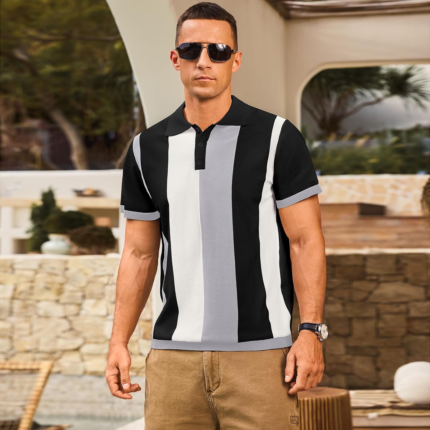 Men's Casual Polo Shirts Vintage Striped Knitting Button Down Shirts Golf Collared Shirts - Image 5