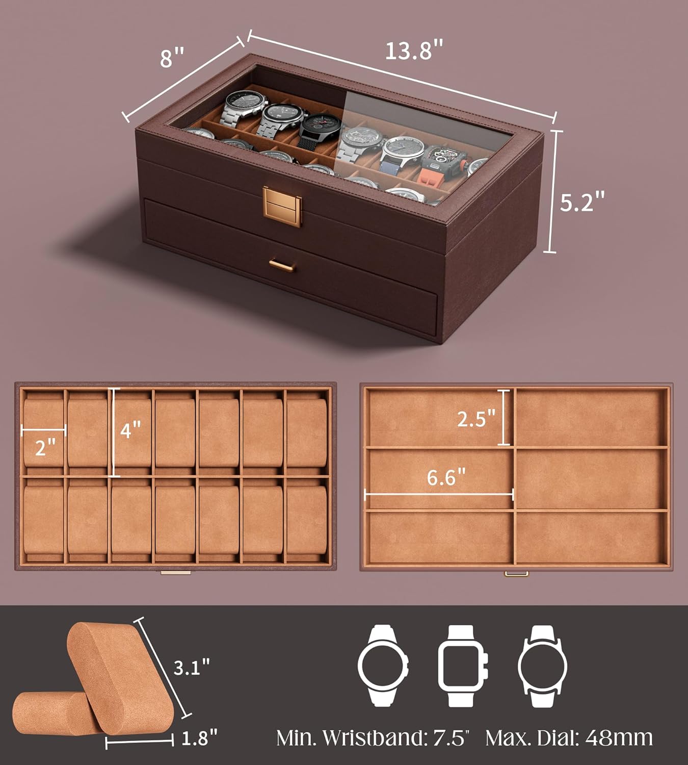 Watch Case Box for Men – 14 Slots Watch Display Organizer with 6-Compartment Eyeglasses Storage, Real Glass Lid 2-Layer PU Leather Collection Holder Gift for Loved Ones Brown