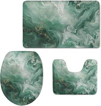 Flashideas Green Marble Print Bathroom Rugs Sets 3 Piece Mats Shower Mats for Bathroom Tub Toilet Non Slip Contour Mat Ultra Soft Bath Mat Absorbent Bath Mat Set Machine Washable for Floor