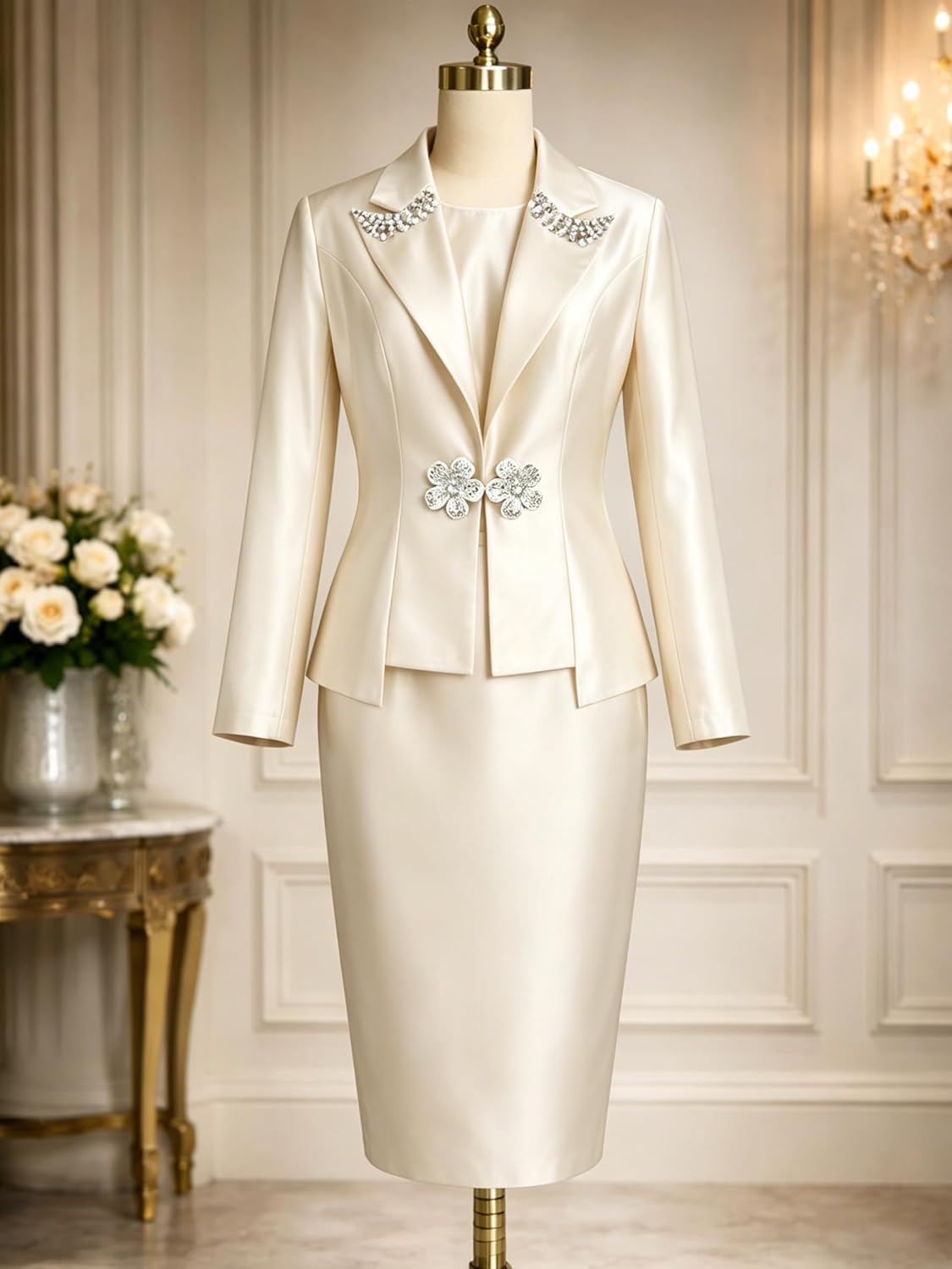 AOMEI Elegant Satin Two-Piece Set with Beaded Belt, Peplum Jacket & Fitted Skirt, Formal Workwear Church 2 Piece Sets