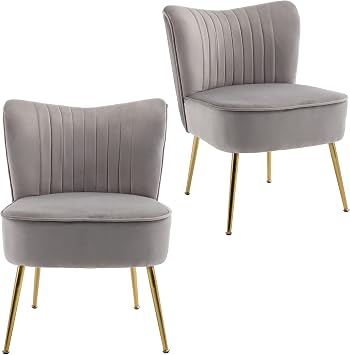 KCC Modern Velvet Upholstered Accent Chair Set of 2,Mid Century Living Room Chairs with Golden Legs,Comfy Armless Chair Wingback Single Sofa Side Chair for Bedroom,Light Gray