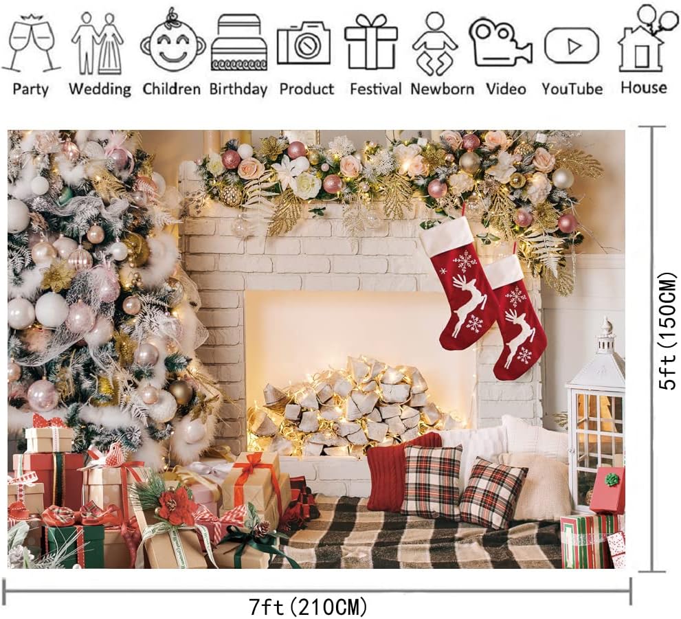 Christmas Fireplace Photography Background Indoor Christmas Tree Sock Gift Family Party Photo Backdrop (7x5ft)