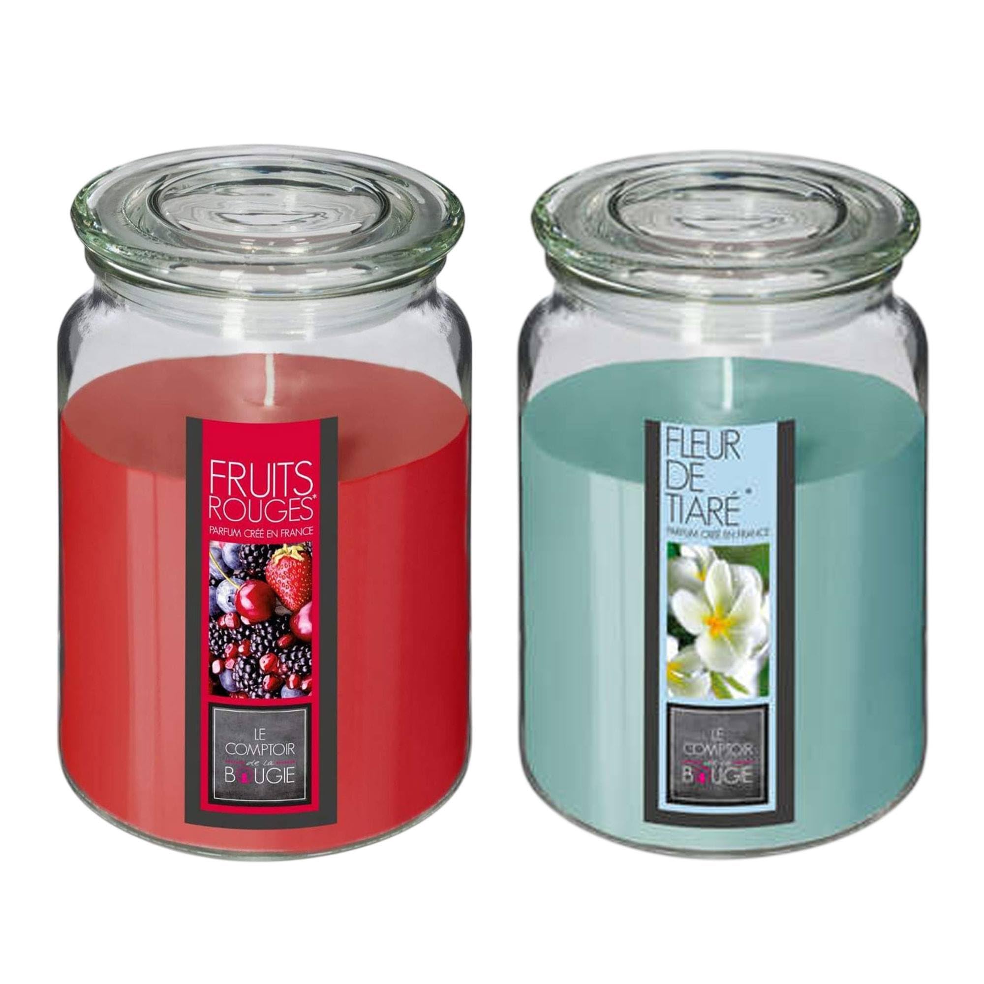 Well Home Set of 2 Scented Candles (Tiare Flower + Red Fruits) 510 g in Glass Container Ø10 x H.14.5 cm